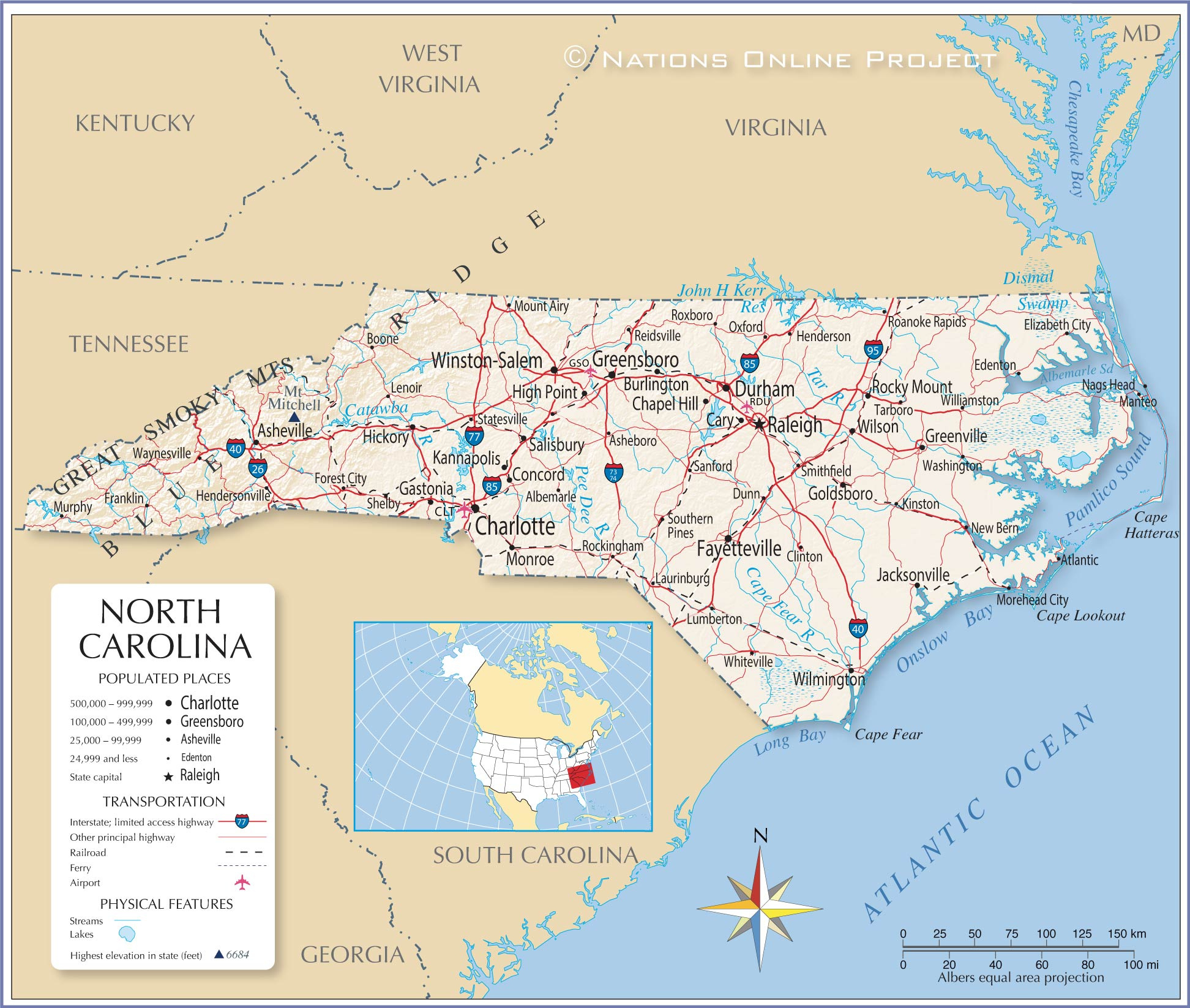 Map Of The State Of North Carolina, Usa - Nations Online Project with Printable North Carolina Map With Cities And Towns