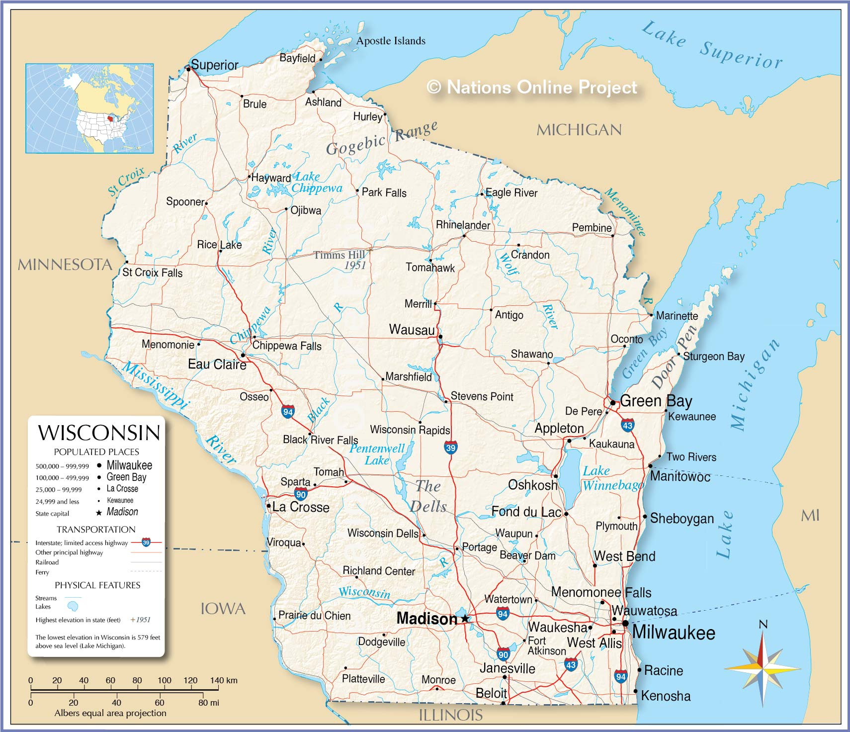 Map Of The State Of Wisconsin, Usa - Nations Online Project regarding Map of Northern Wisconsin