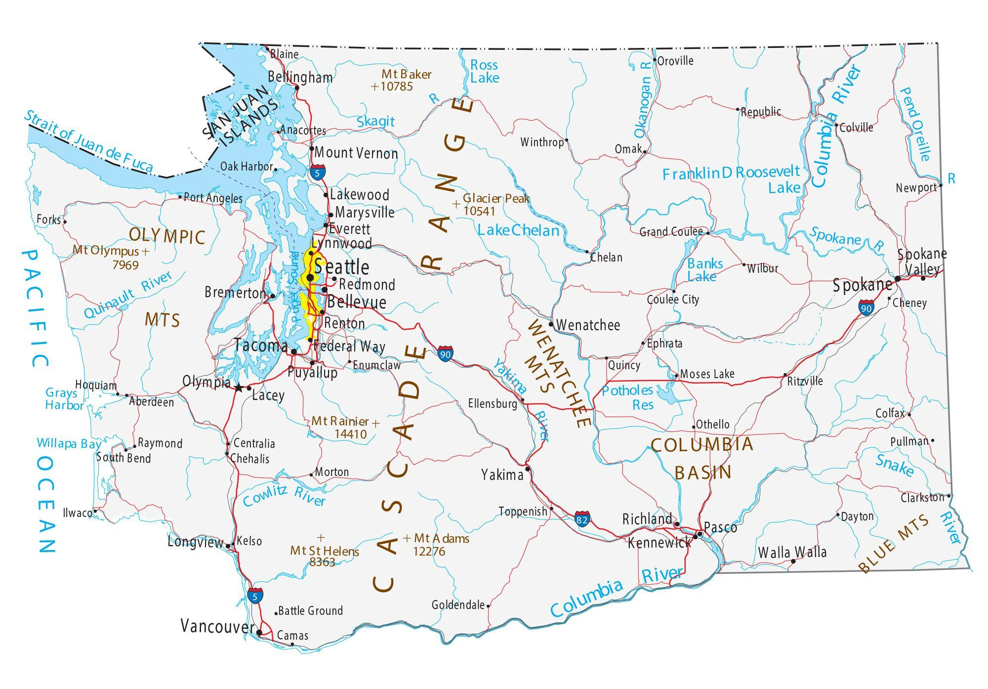 Map Of Washington - Cities And Roads - Gis Geography in Free Printable Map of Washington State