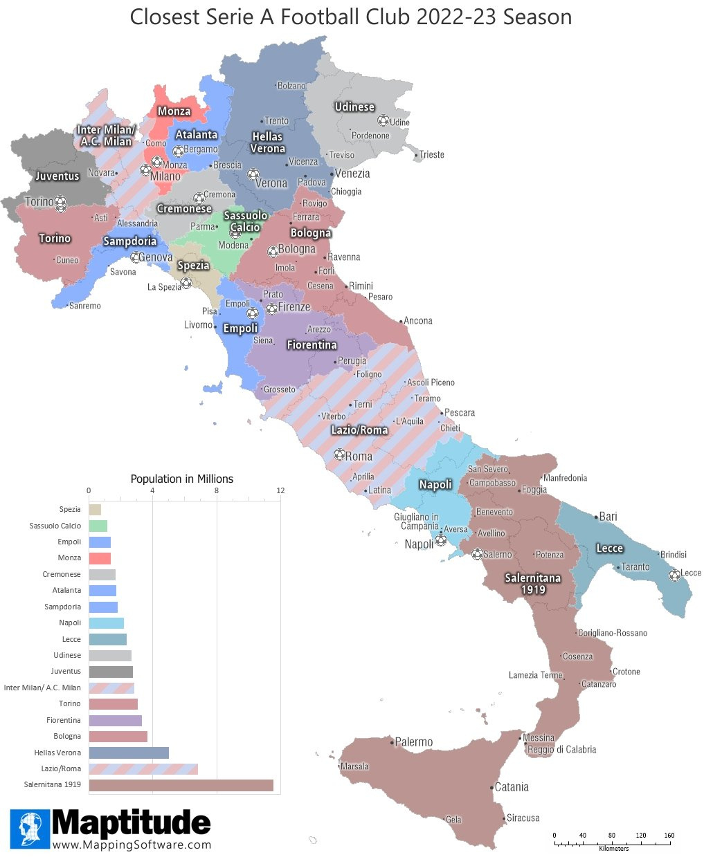 Maptitude Map: Closest Serie A Football Club in Map Of Italian Soccer Teams