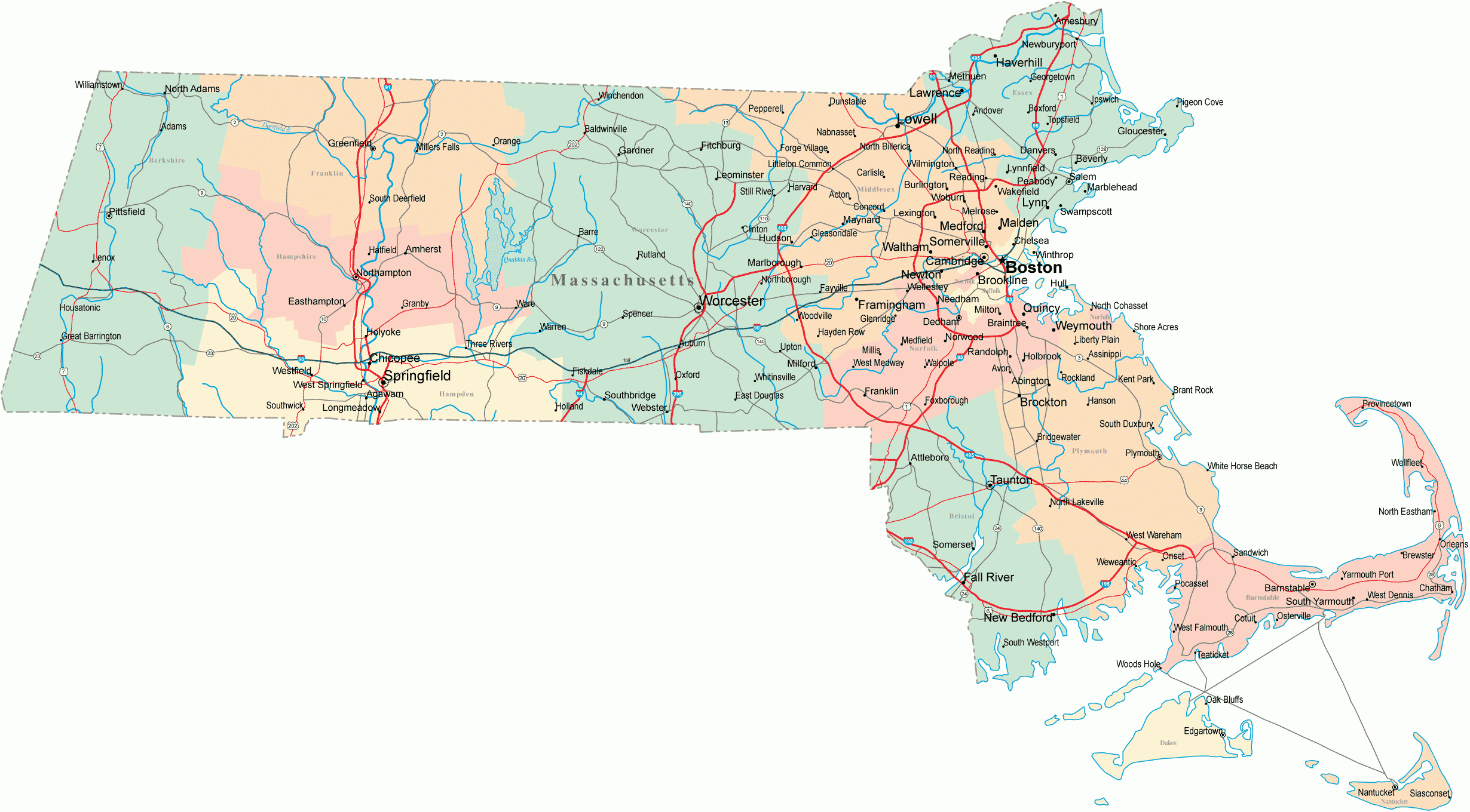 Massachusetts Road Map - Ma Road Map - Massachusetts Highway Map throughout Printable Map of Massachusetts Cities and Towns