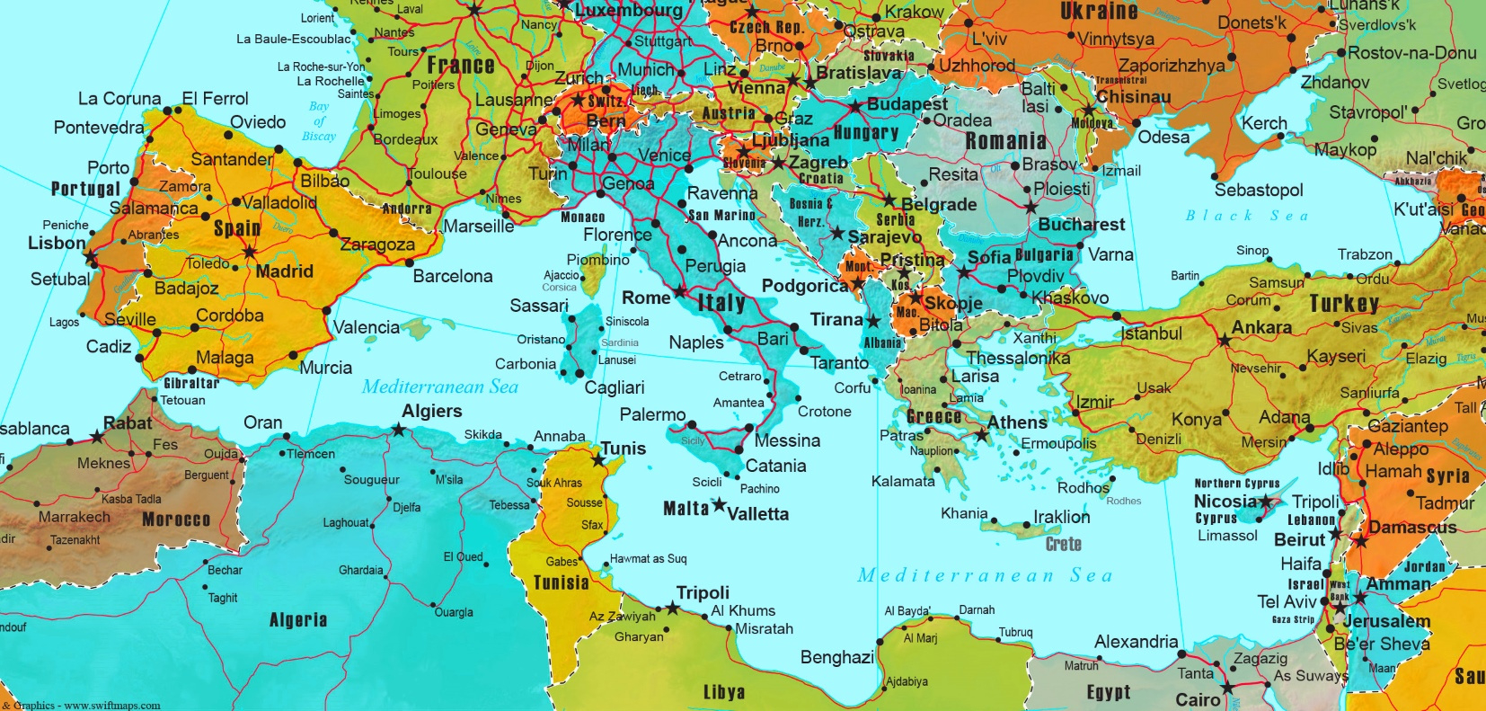 Mediterranean Countries Map - Ontheworldmap regarding Printable Map Of Mediterranean Sea