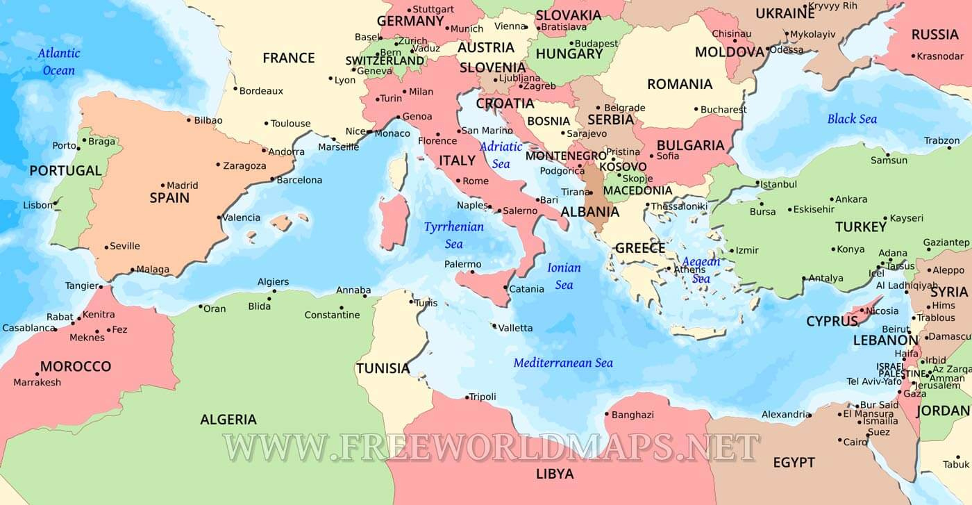 Mediterranean Map inside Printable Map of Mediterranean Sea