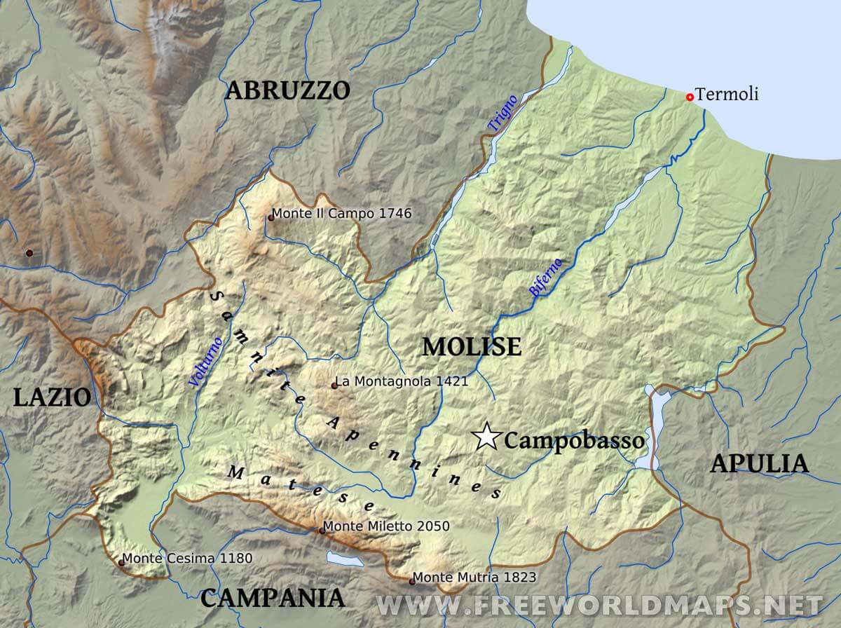 Molise Physical Map regarding Map of Molise Region Italy