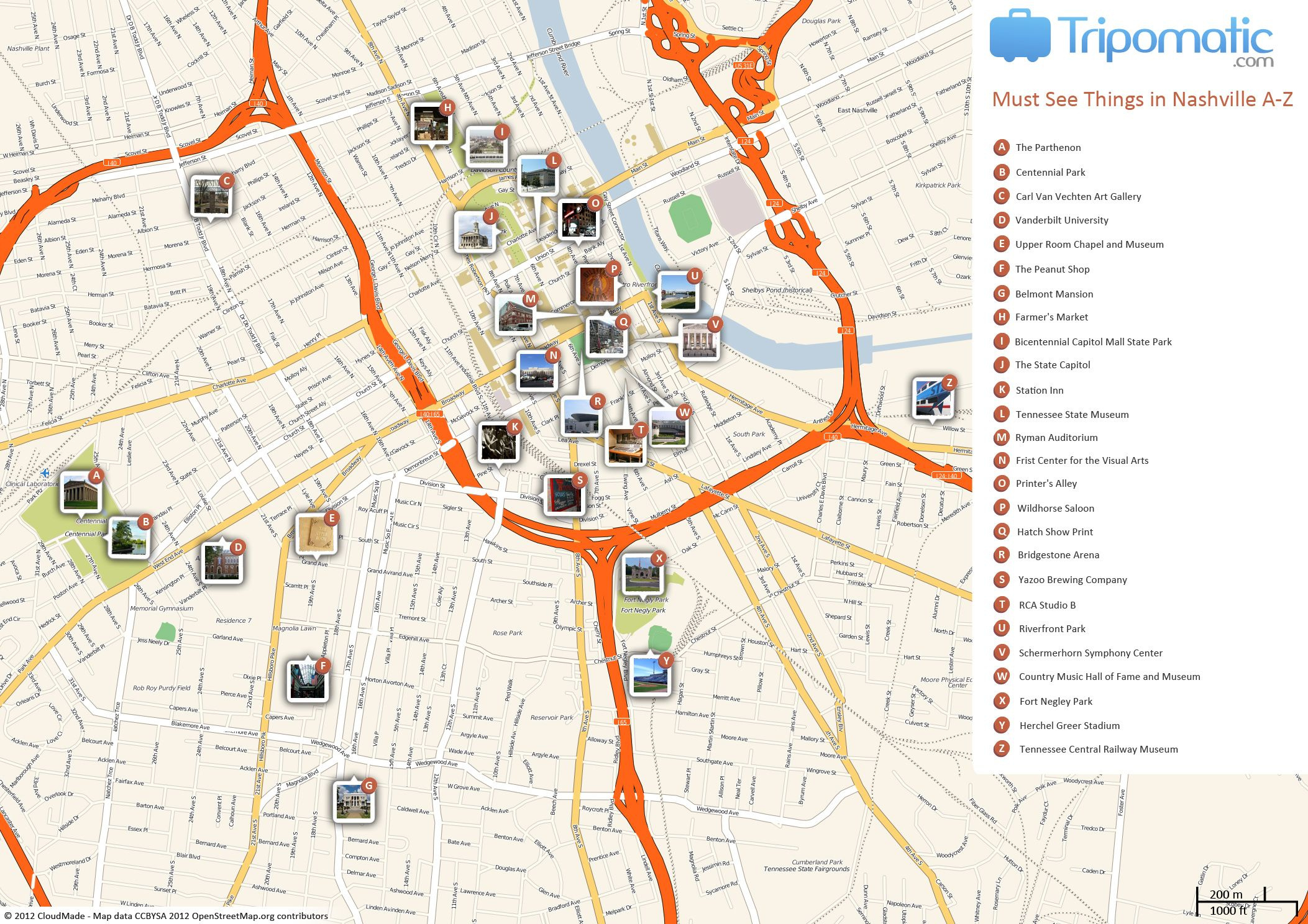 Nashville Printable Tourist Map inside Printable Map Of Downtown Nashville Bars