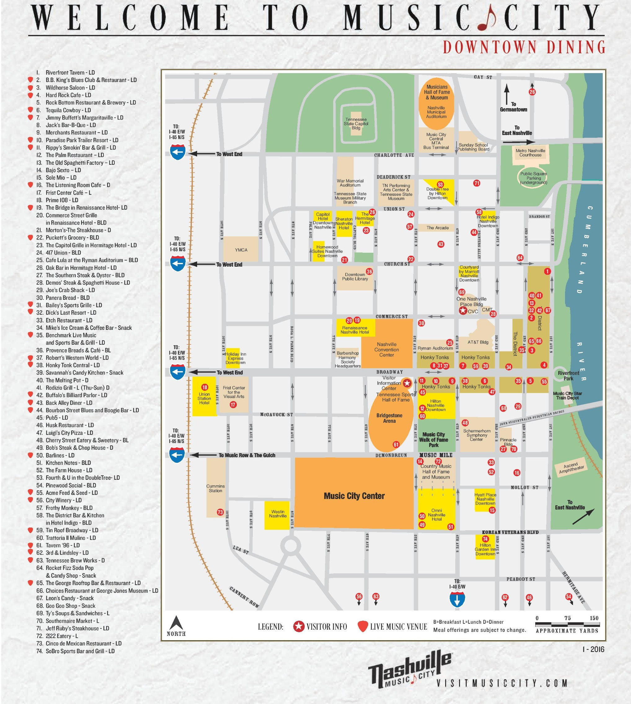 Nashville Restaurant Map - Ontheworldmap within Printable Map Of Downtown Nashville Bars