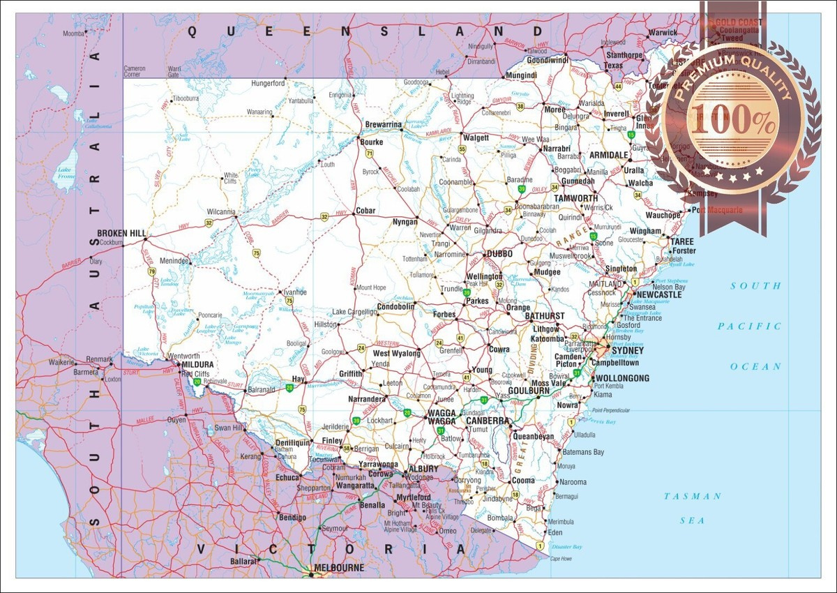 New South Wales State Roads Australia Map Of Nsw Wall Chart Print Premium Poster intended for Printable Map of Nsw Area