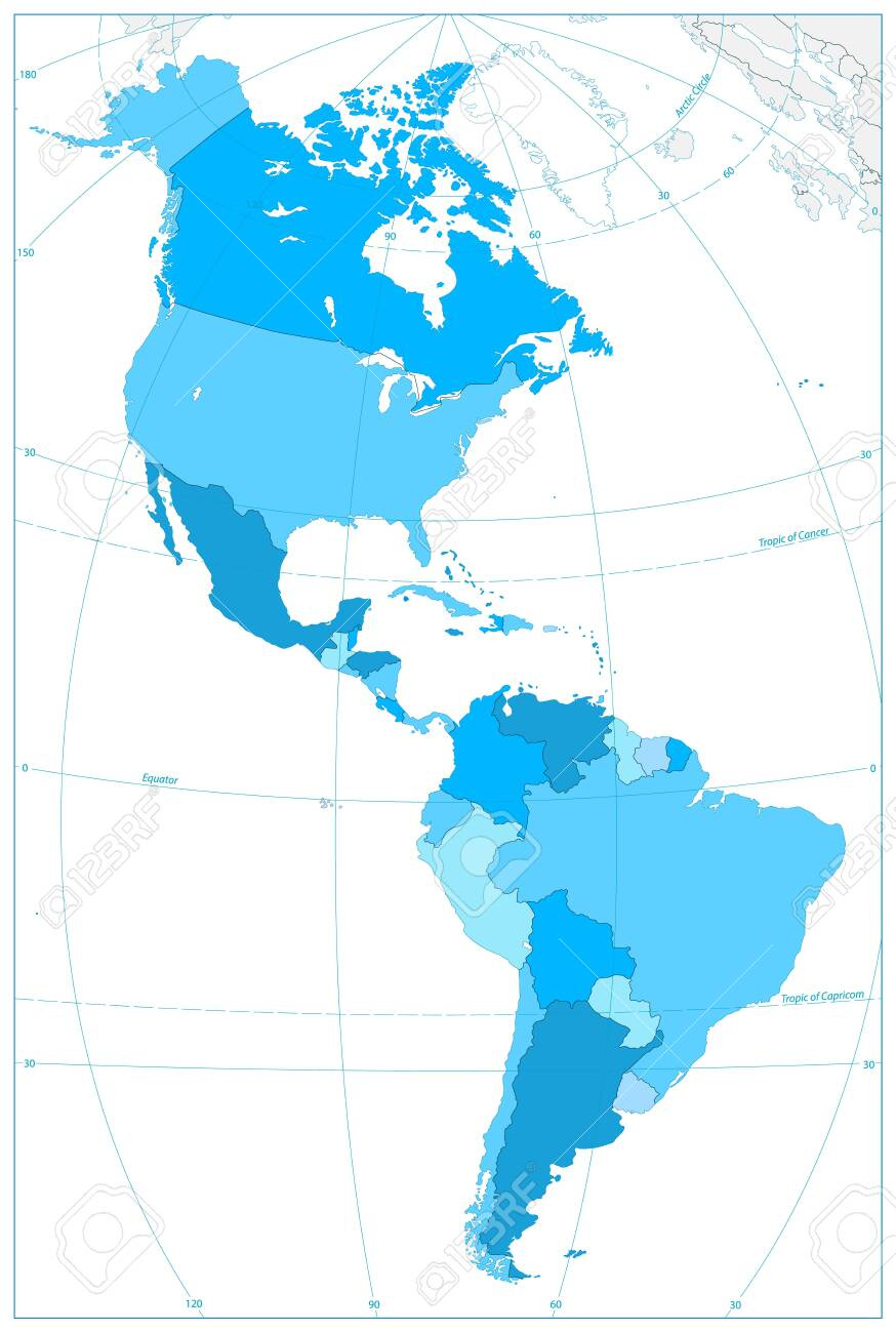 Nord- Und Südamerika-Karte In Den Farben Blau. Kein Text. Vektor intended for Map Of South And North America Without Words