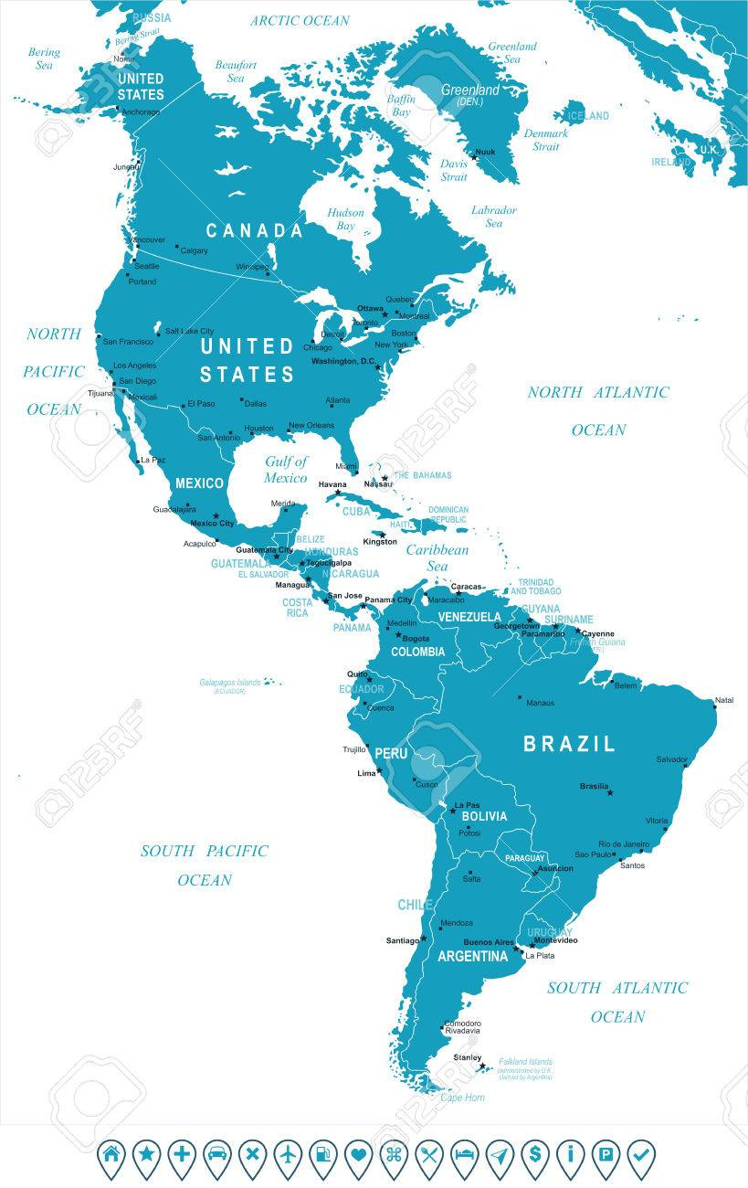 Nord- Und Südamerika Karte - Sehr Detaillierten Vektor throughout Map of North America and South America with Cities