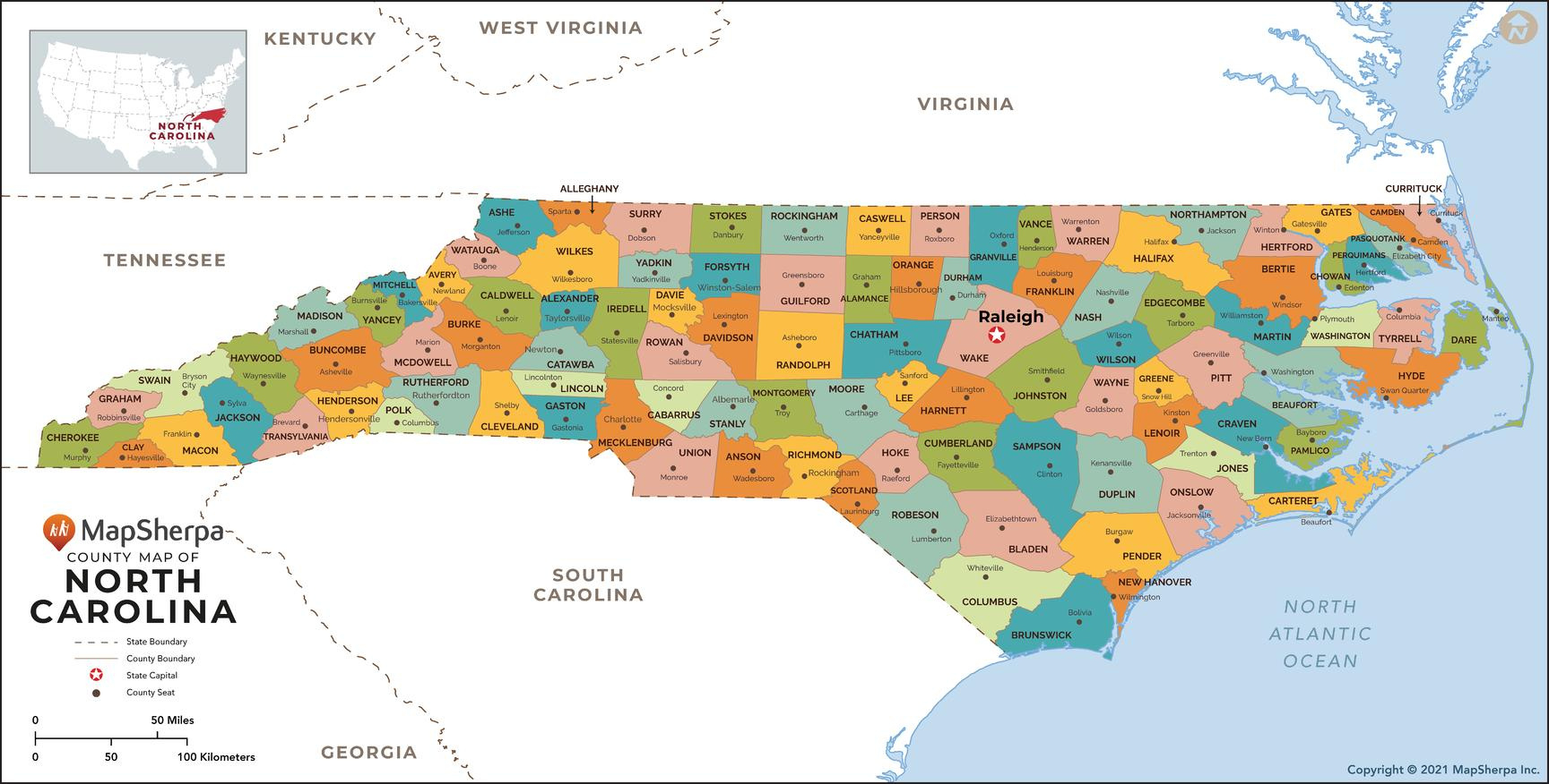 North Carolina Counties Mapmapsherpa - The Map Shop within Printable Nc County Map with Cities