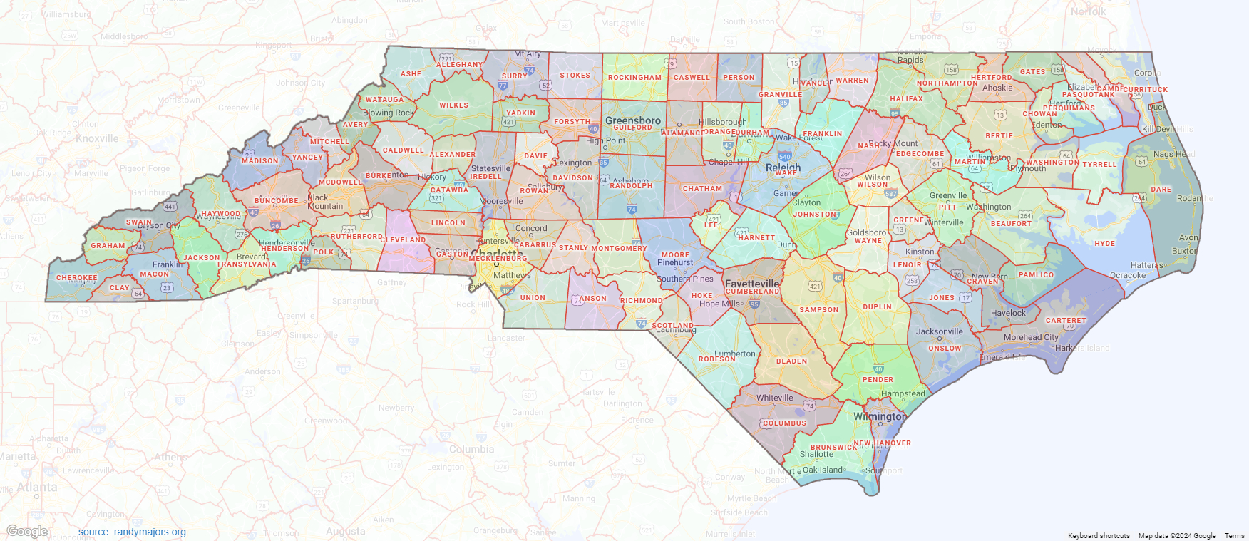 North Carolina County Map – Shown On Google Maps intended for Printable Nc County Map with Cities