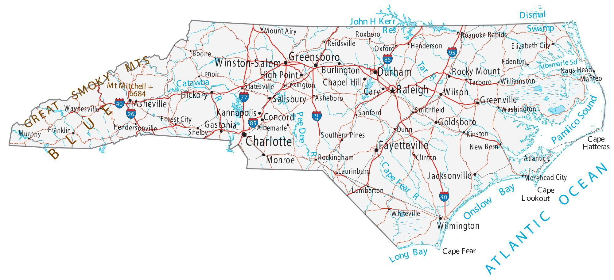 North Carolina Map - Cities And Roads - Gis Geography throughout Free Printable Map of North Carolina