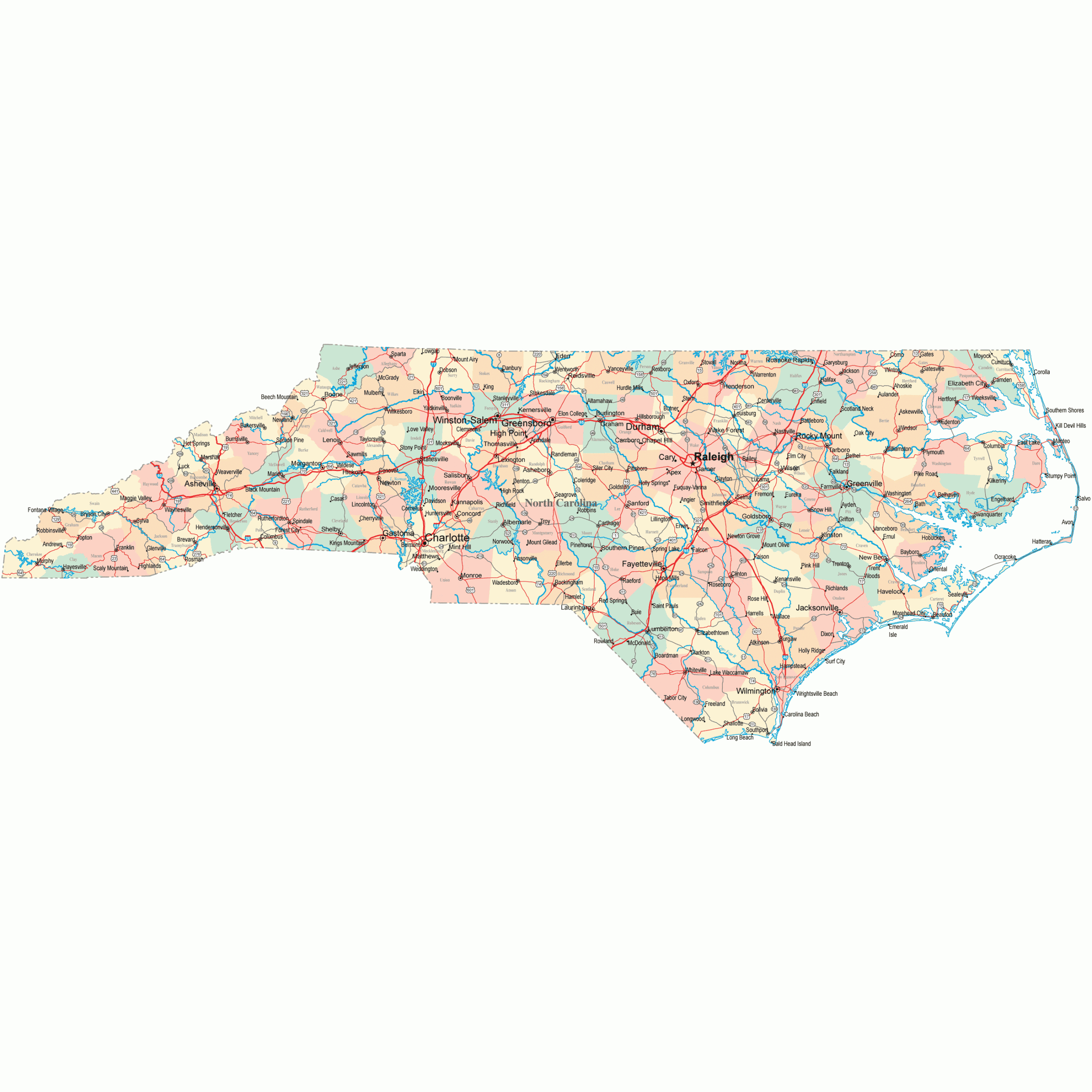North Carolina Road Map - Nc Road Map - North Carolina Highway Map throughout Free Printable Map of North Carolina