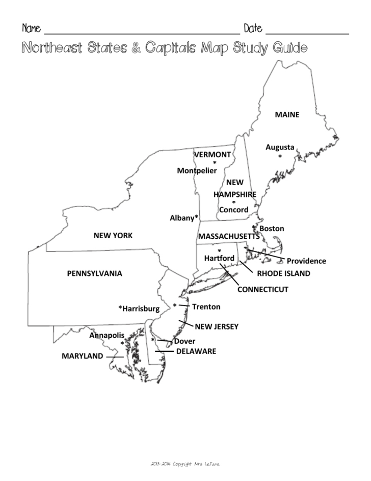 Free Printable Northeast States and Capitals Map