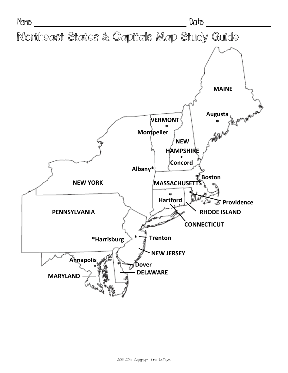 Northeast States &amp;amp; Capitals Map Worksheet And Flashcards Download throughout Free Printable Northeast States and Capitals Map
