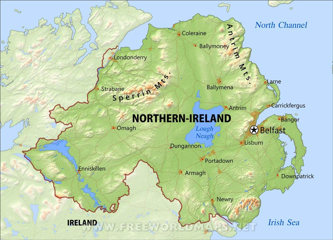 Northern Ireland Physical Map with Map of Coleraine Northern Ireland