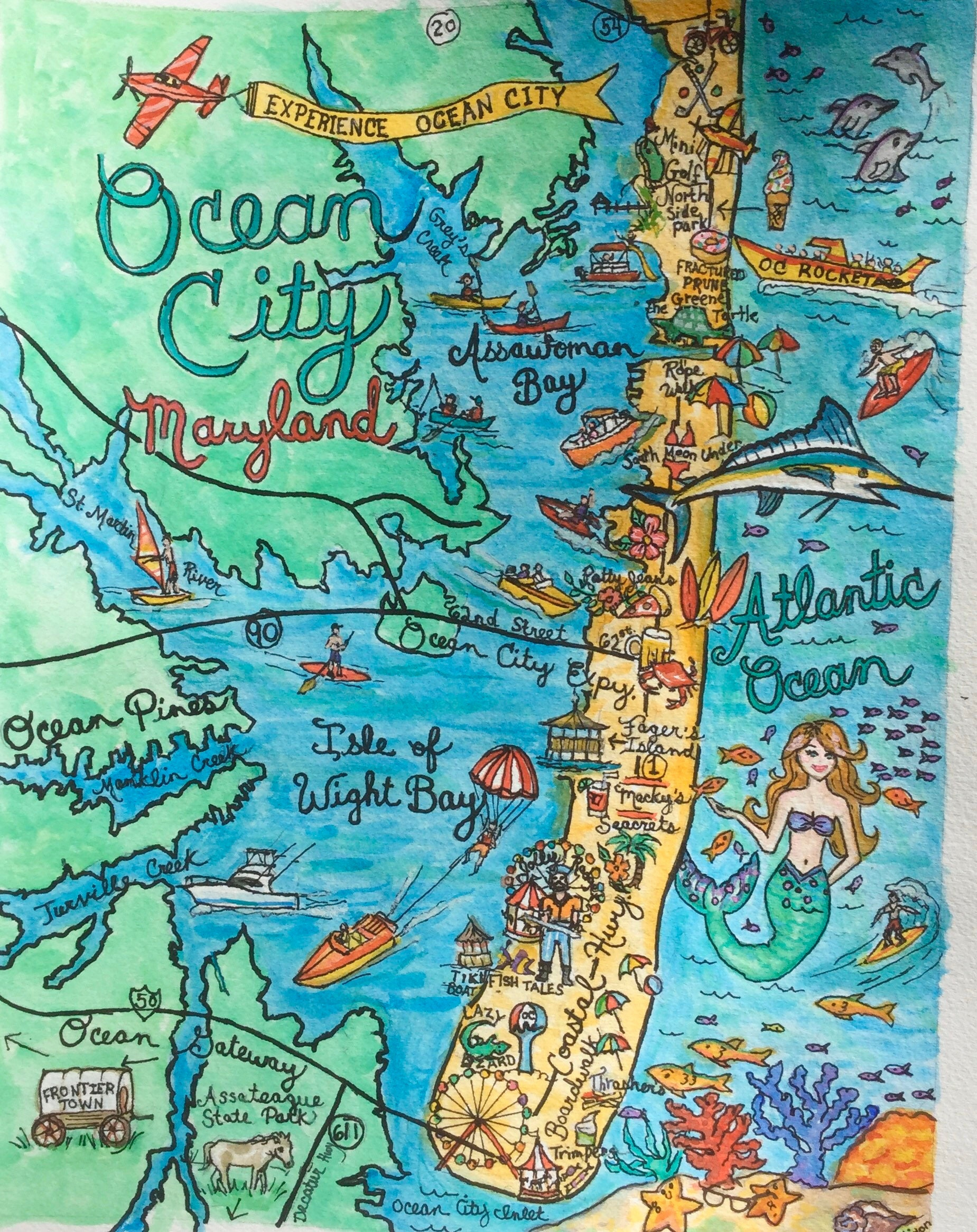 Ocean City Maryland Map Print - Etsy.de intended for Ocean City Md Boardwalk Map