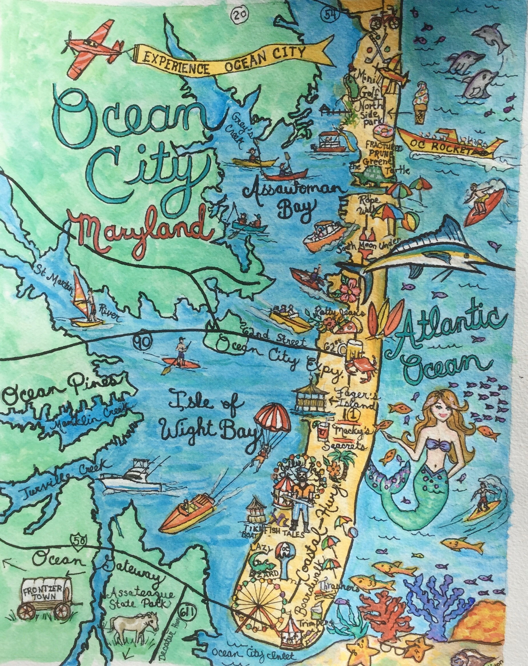 Ocean City Maryland Map Print - Etsy for Ocean City Maryland Boardwalk Streets Map