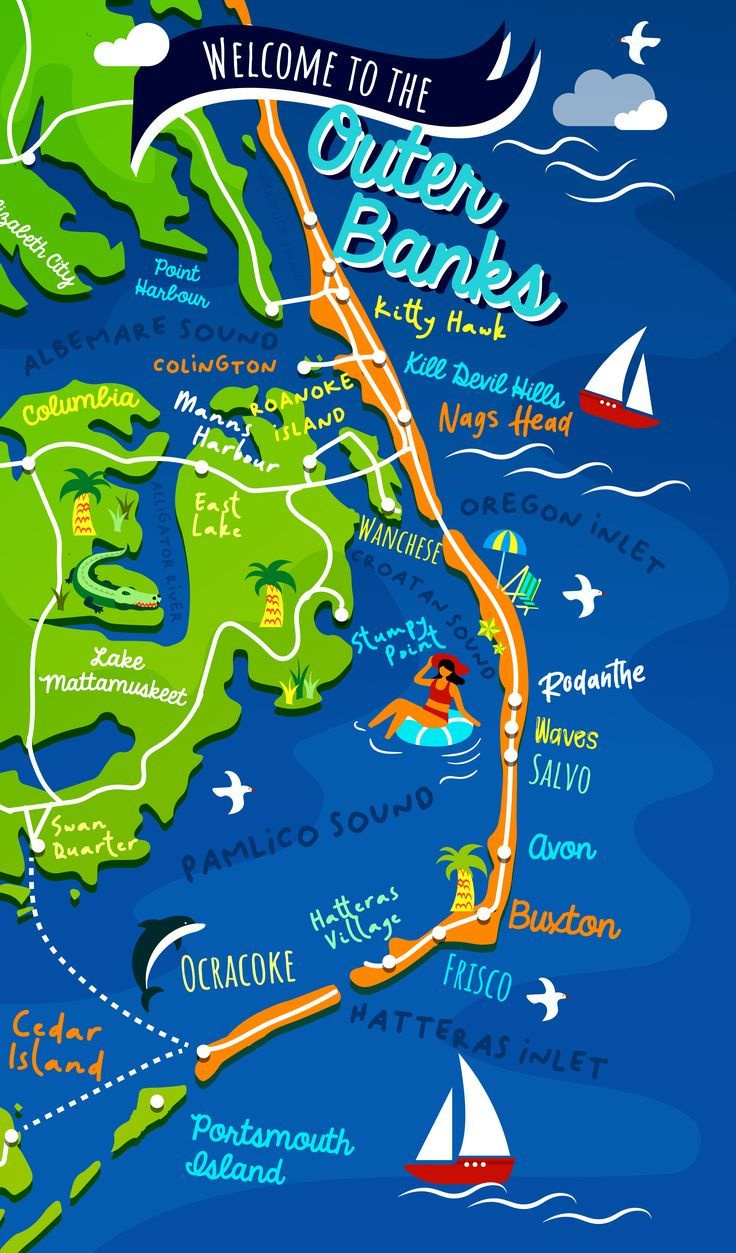 Outer Banks North Carolina Illustrated Map throughout Outer Banks Nc Map Printable