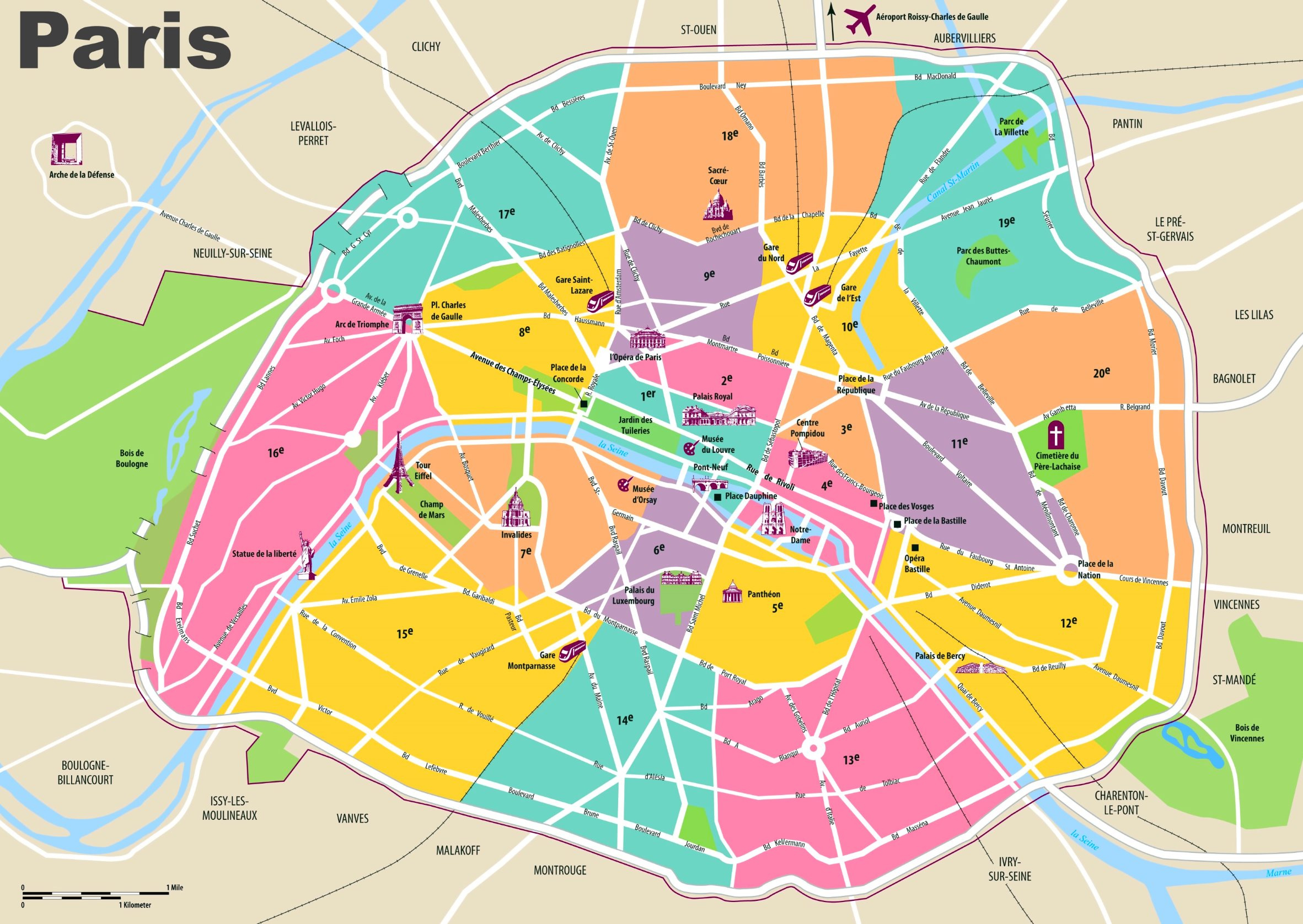 Paris Travel Map With Tourist Attractions And Arrondissements regarding Printable Tourist Map of Paris France