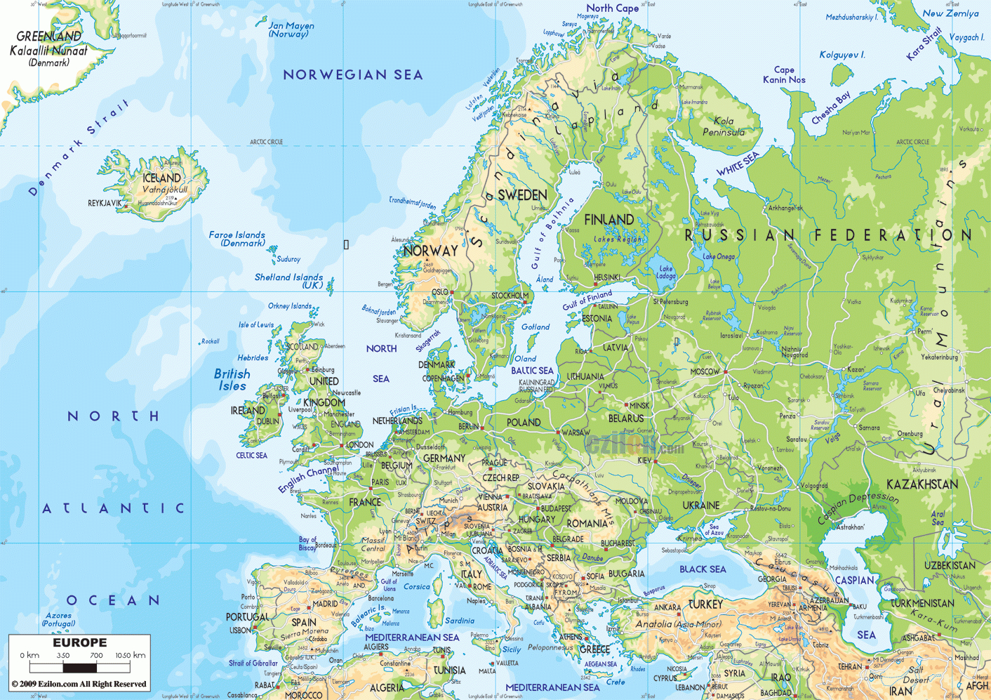 Physical Map Of Europe - Ezilon Maps inside Map of Europe and Asia Rivers