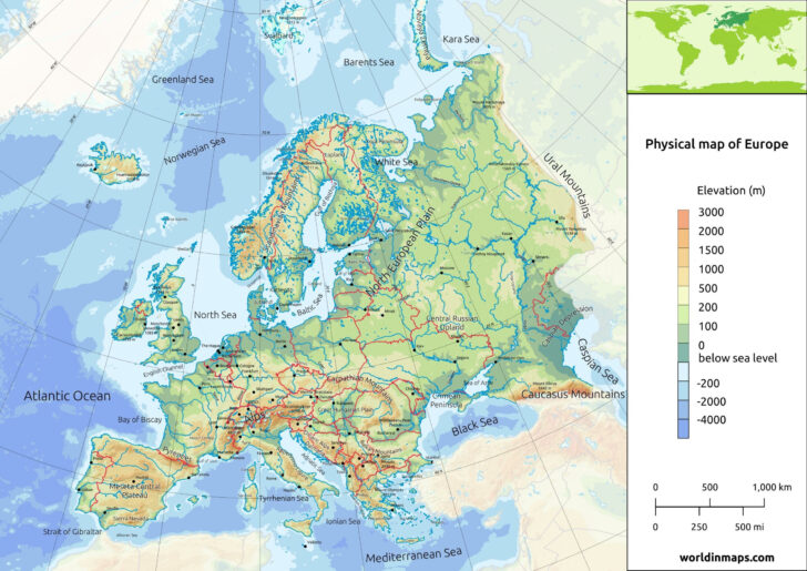 Physical Map of Europe and Asia