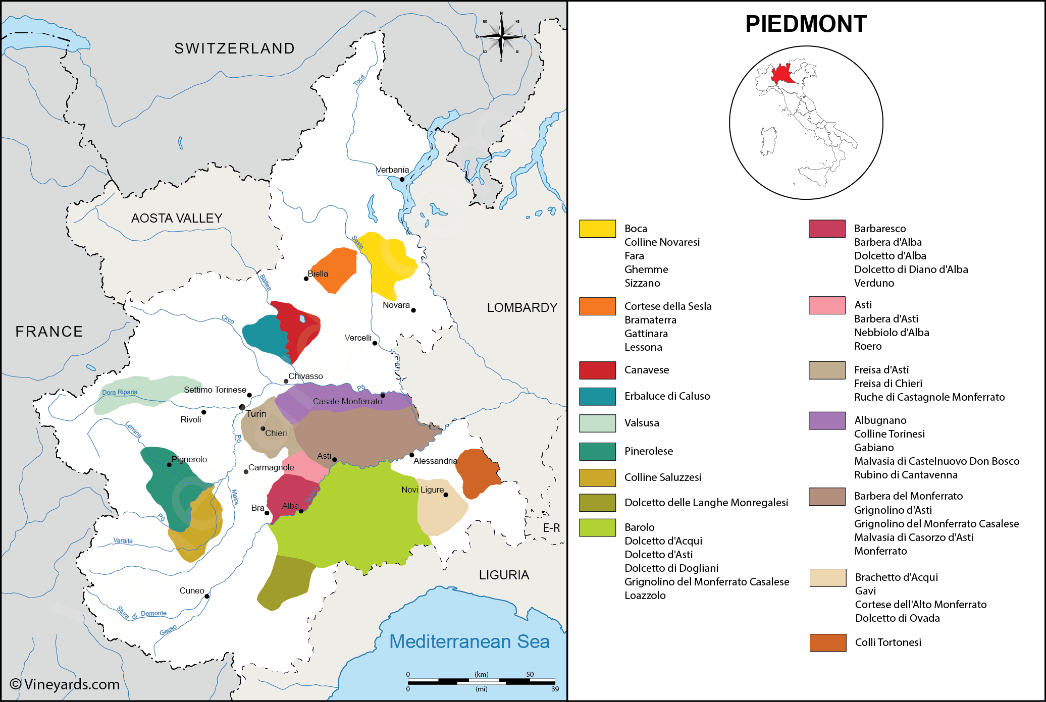 Piedmont Map Of Vineyards Wine Regions within Map of Piedmont Italy Wine Regions