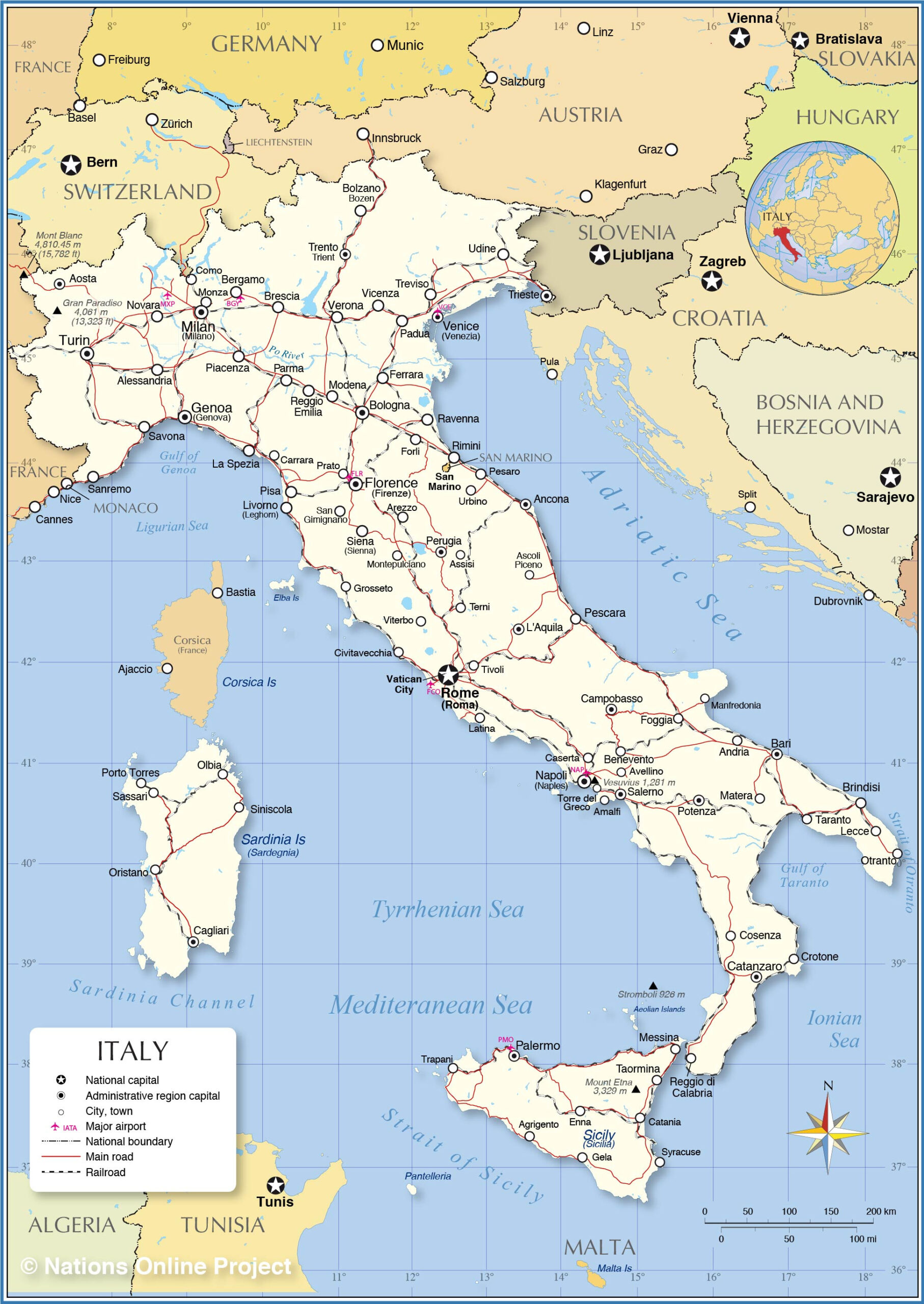 Political Map Of Italy - Nations Online Project pertaining to Map of Italy and Surrounding Countries