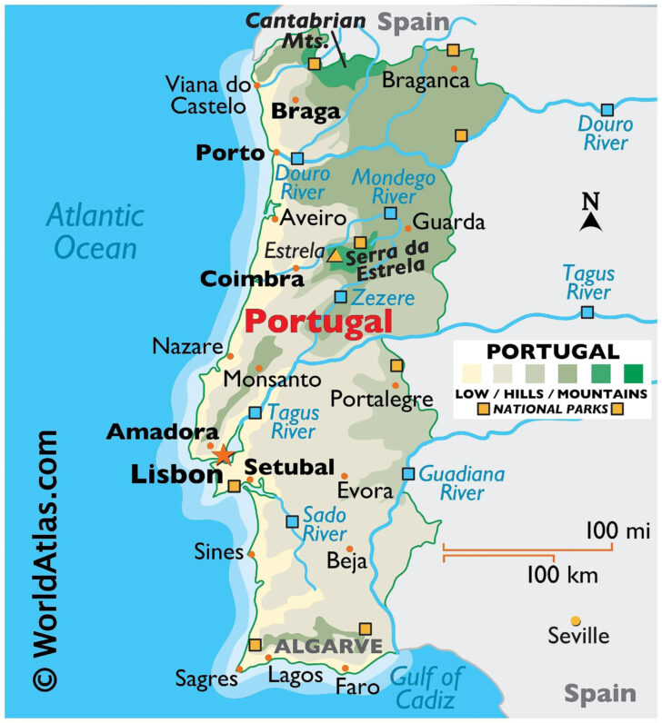 Map of Portugal and Spain with Cities and Towns