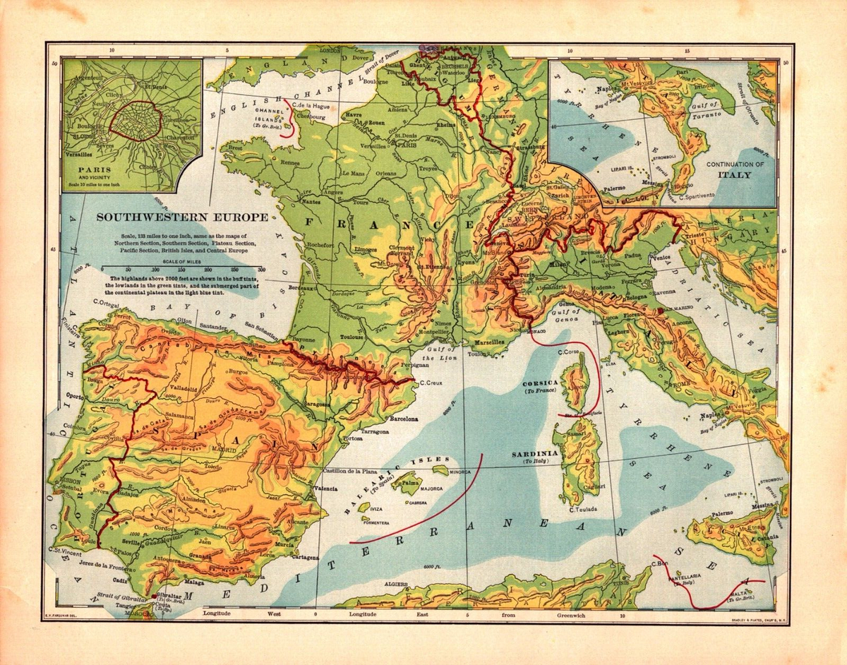 Portugal, Spain, France, Italy Antique Original Map 1900 | Ebay in Map Of Portugal And Spain And Italy