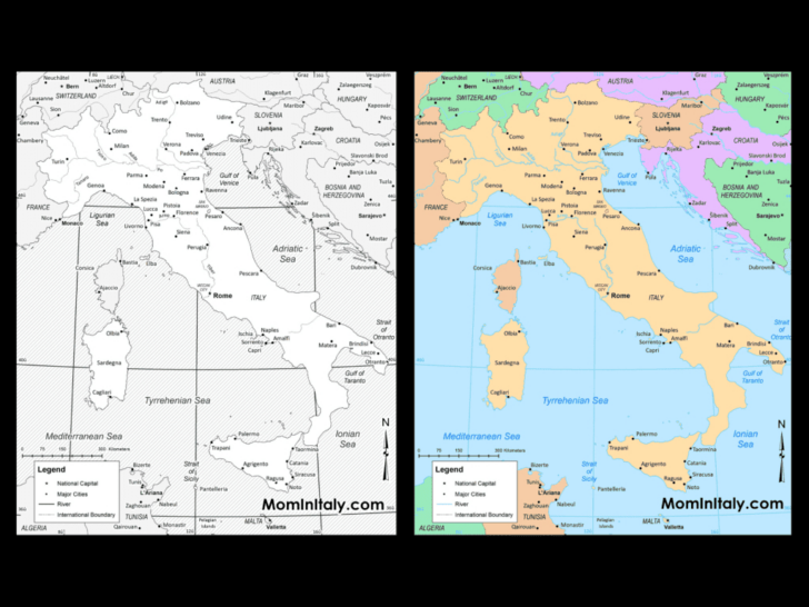 Black and White Printable Map of Italy