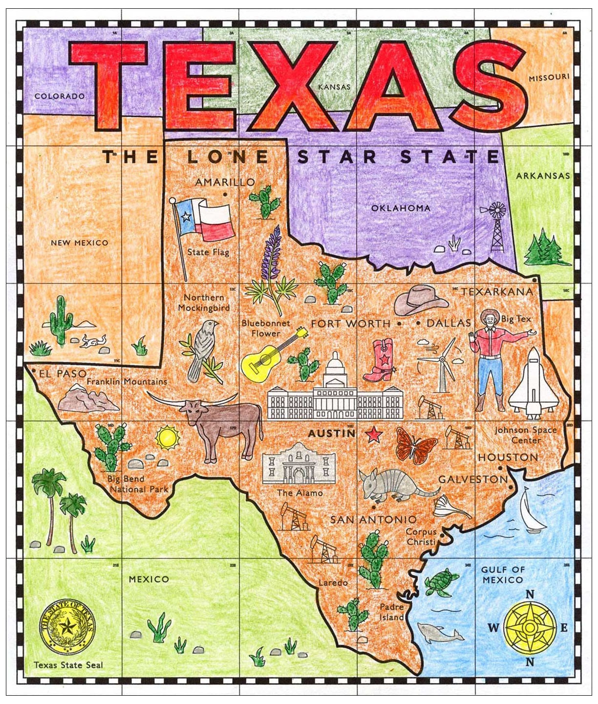 Printable Map Of Texas For Kids With Cities And Landmarks To Color in Free Printable Texas Map With Cities