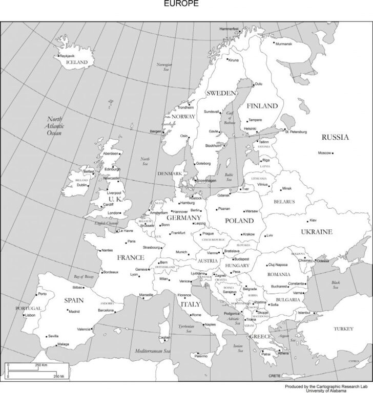 Free Printable Map of Europe with Cities