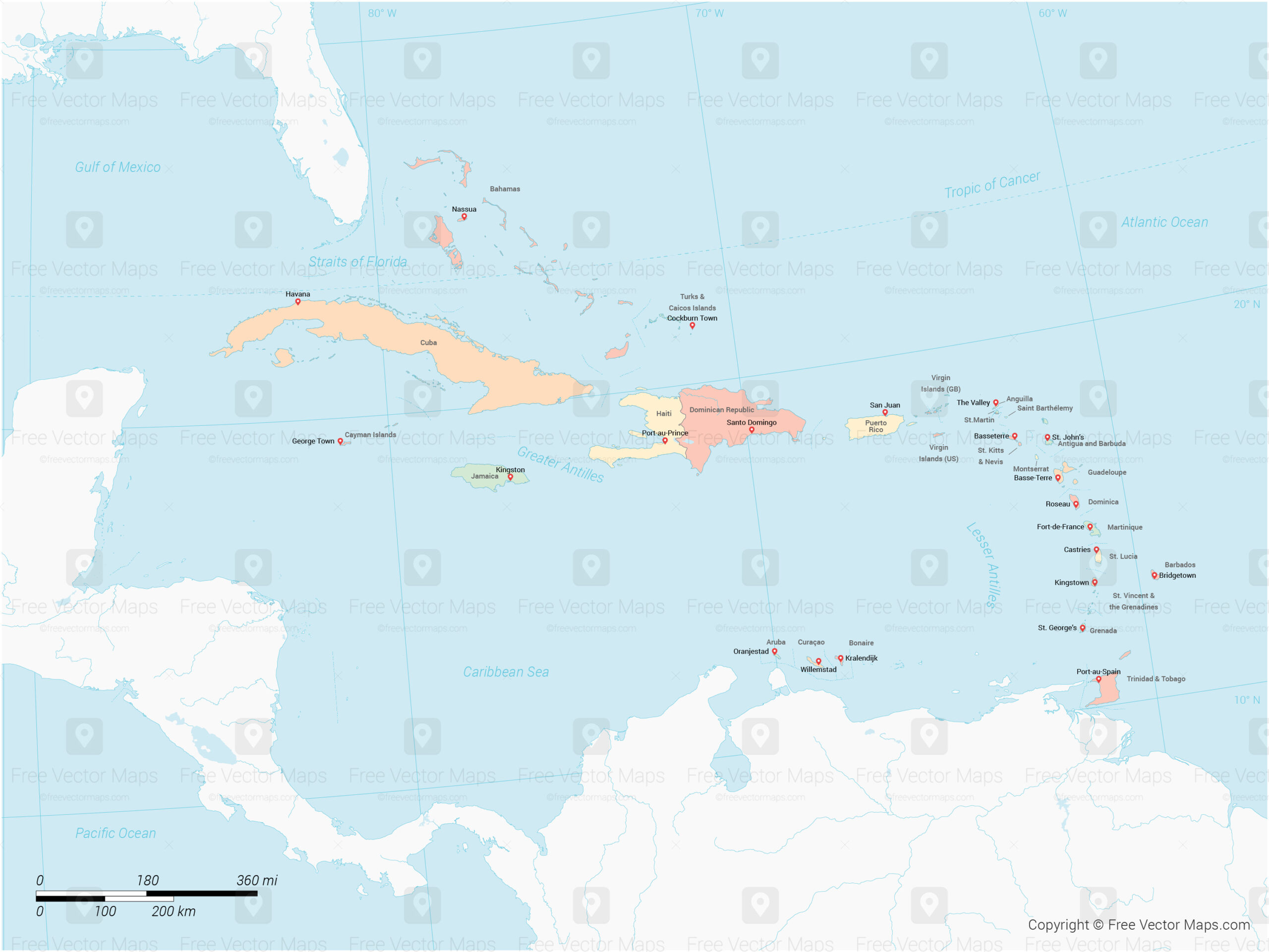 Printable Vector Map Of Caribbean Islands With Countries throughout Free Printable Map of Caribbean Islands