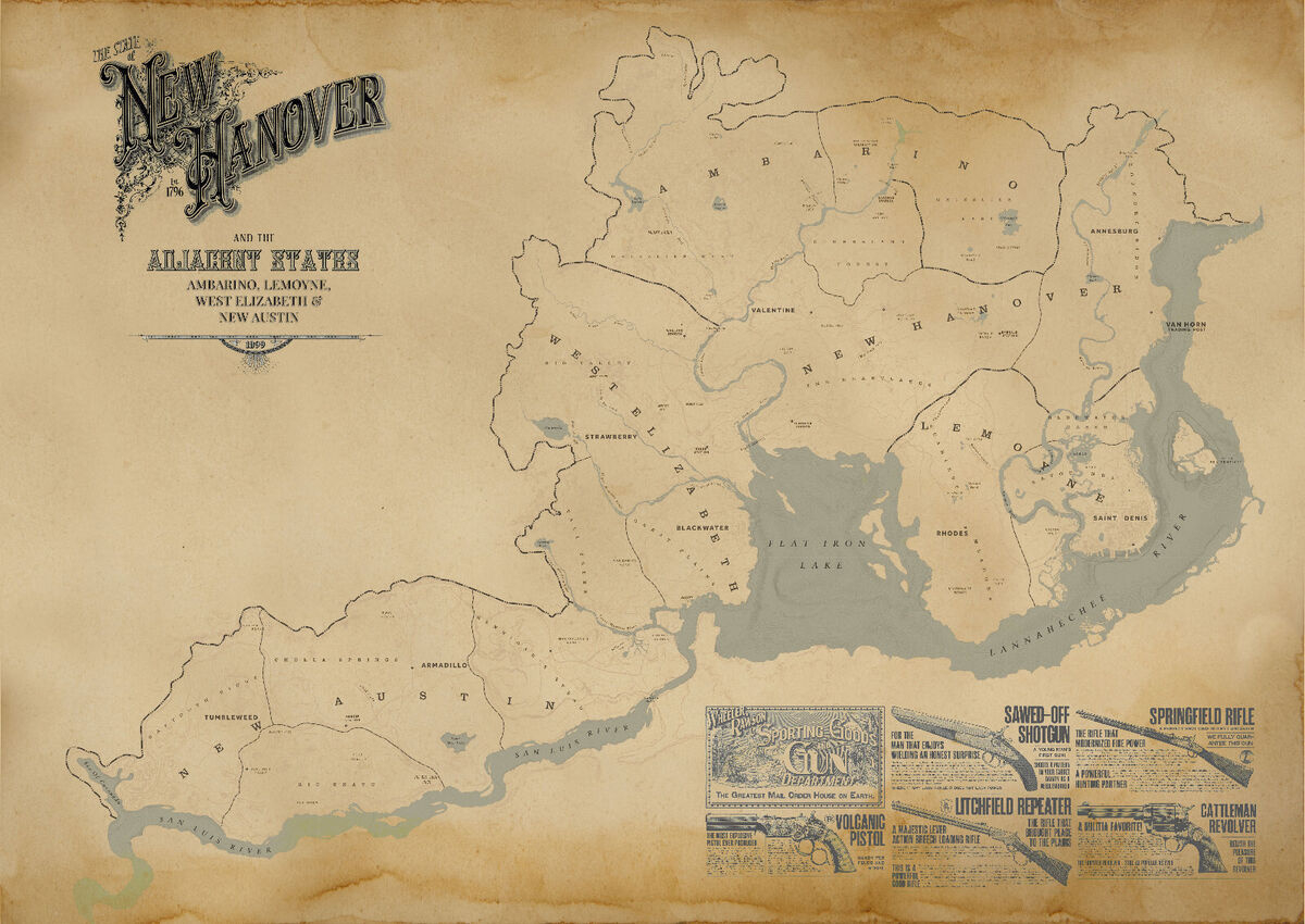 Red Dead Redemption 2, 5 States Map, High Quality, A3/A2/A1 Prints for Red Dead Redemption 2 Map Printable
