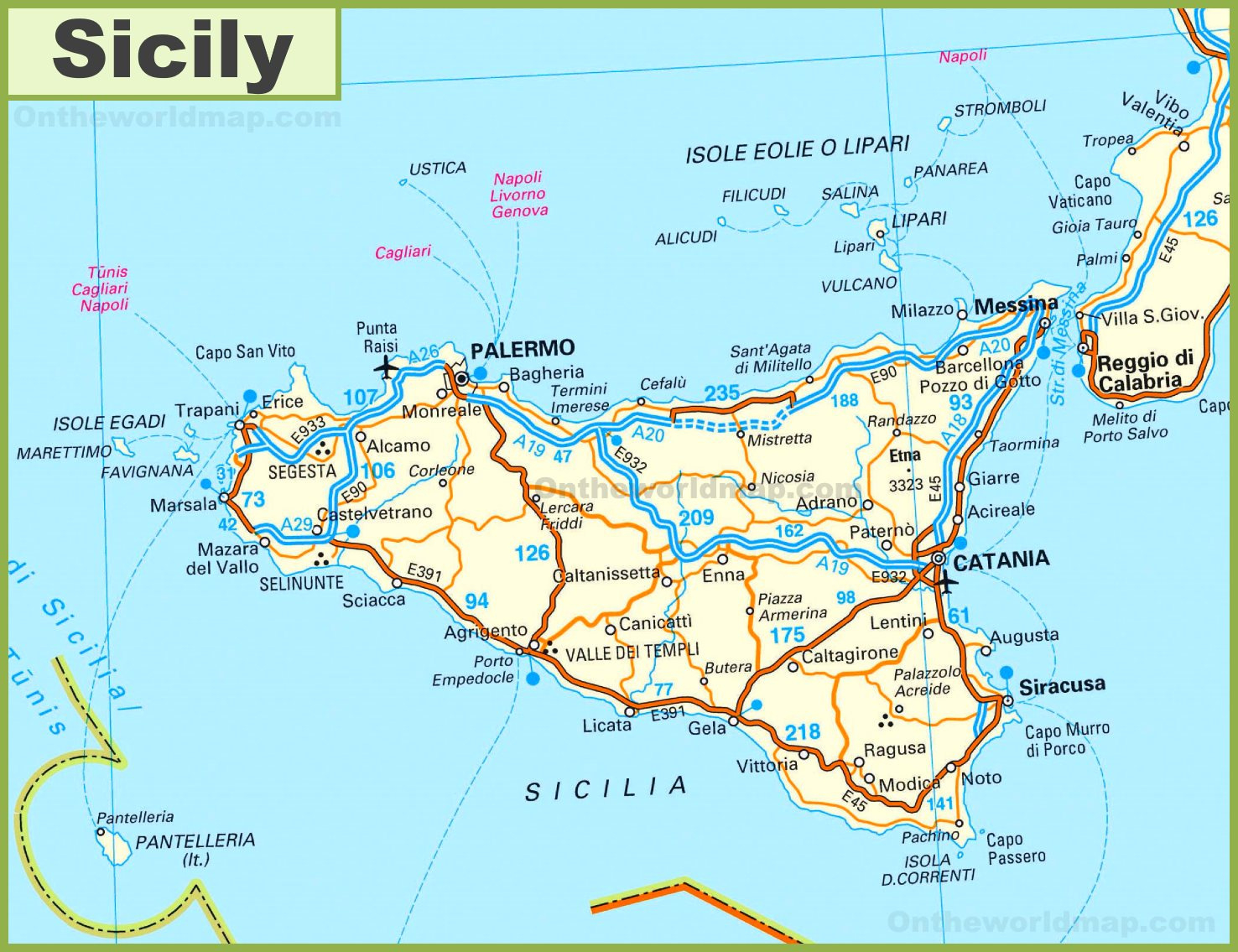 Road Map Of Sicily With Cities And Towns - Ontheworldmap inside Map of Sicily Italy with Towns