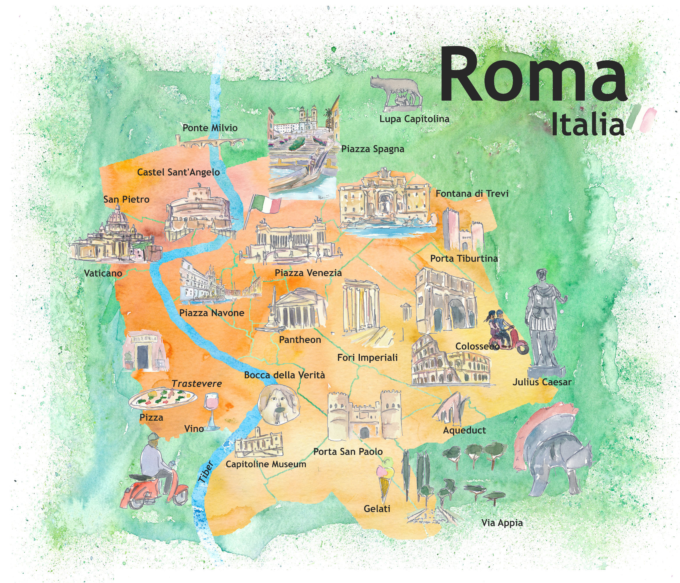 Rome Italy Illustrated Travel Poster Favorite Map Tourist with Map Of Rome Italy With Tourist Attractions
