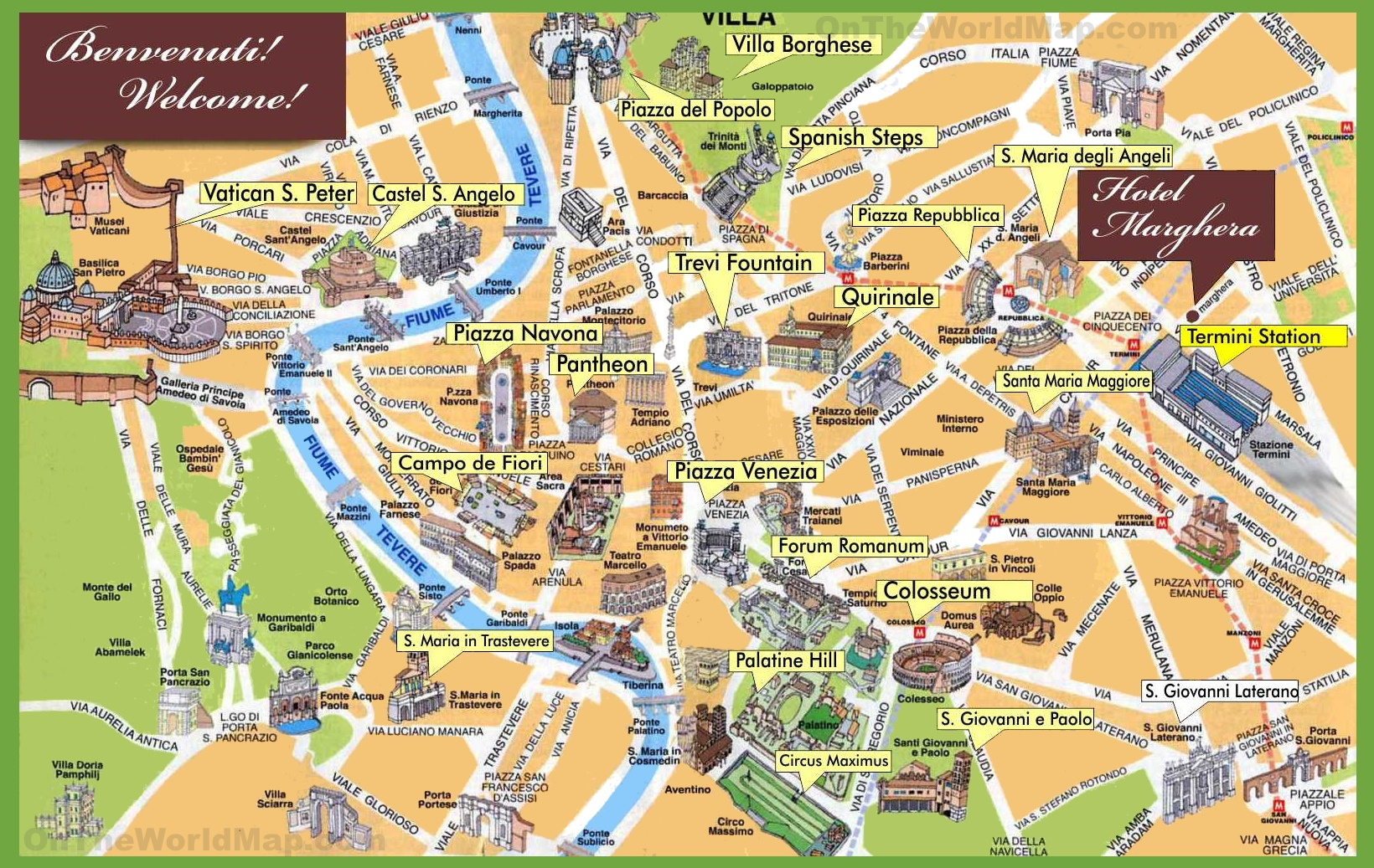 Rome Sightseeing Map - Ontheworldmap throughout Map of Rome Italy Attractions