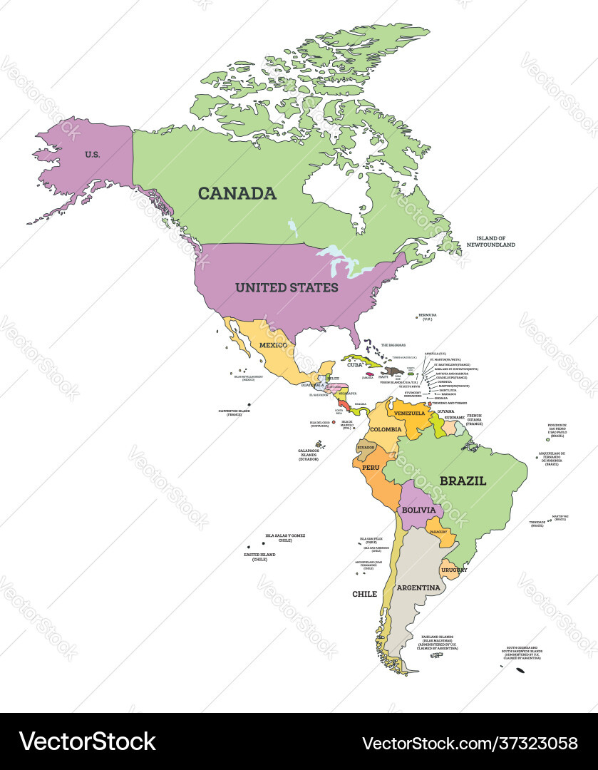 South And North America Political Map In Mercator Vector Image in North America and South America Political Map