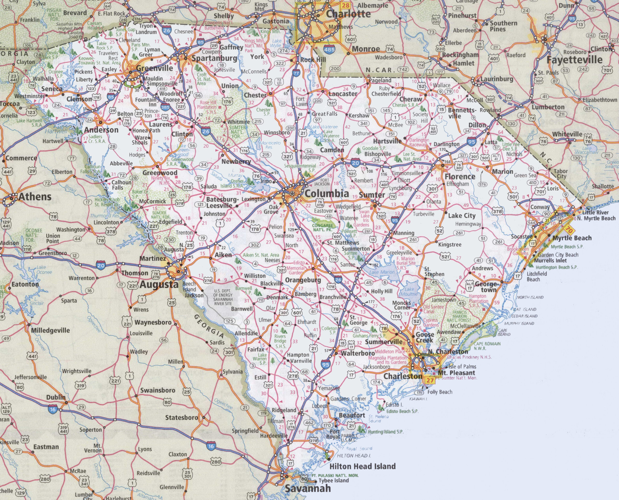 South Carolina Road Map - Ontheworldmap throughout Free Printable Map of South Carolina