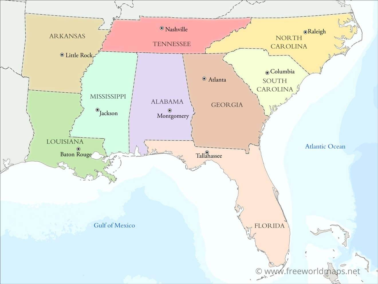 Southeastern Us Political Map -Freeworldmaps throughout Free Printable Southeast Region States And Capitals Map Printable