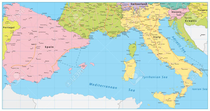 Map of Portugal and Spain and Italy