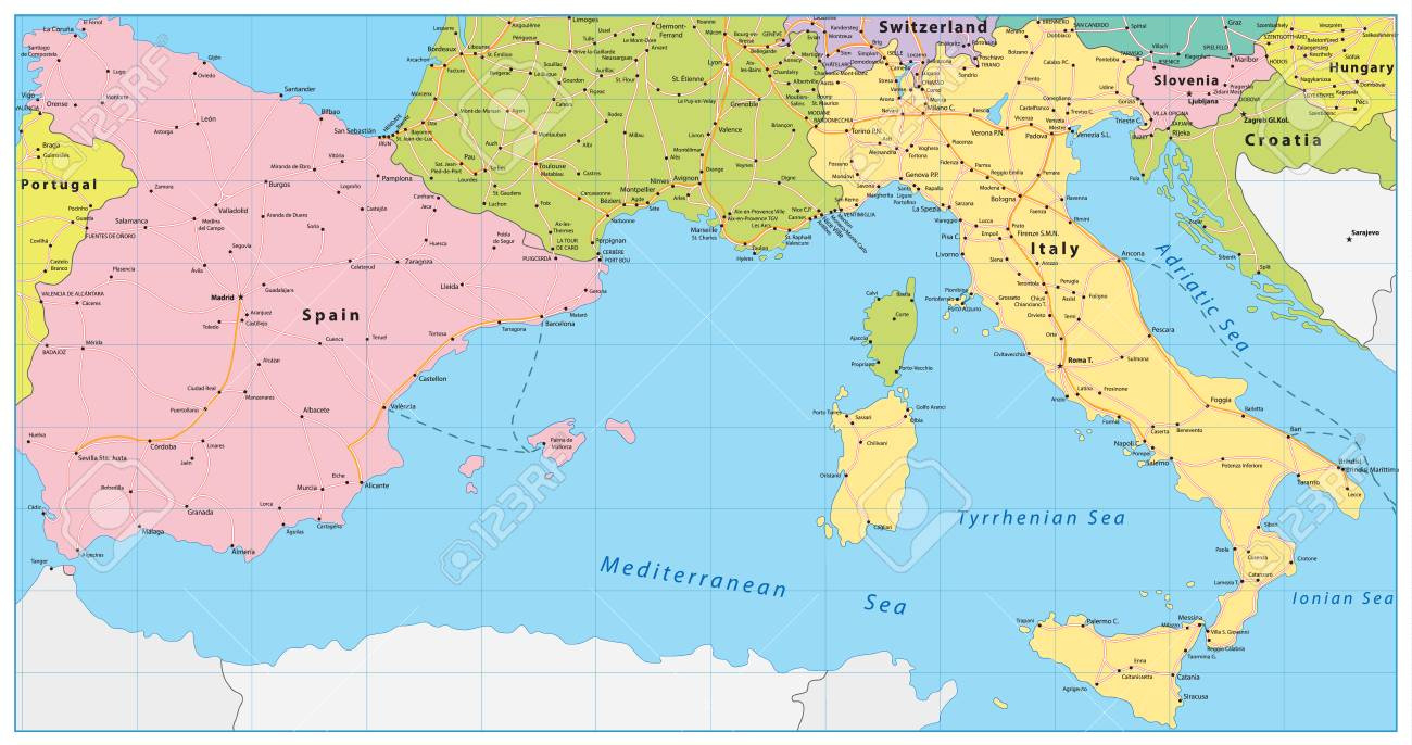 Spain And Italy Map. Vector Illustration. Stock Photo, Picture And inside Map Of Portugal And Spain And Italy