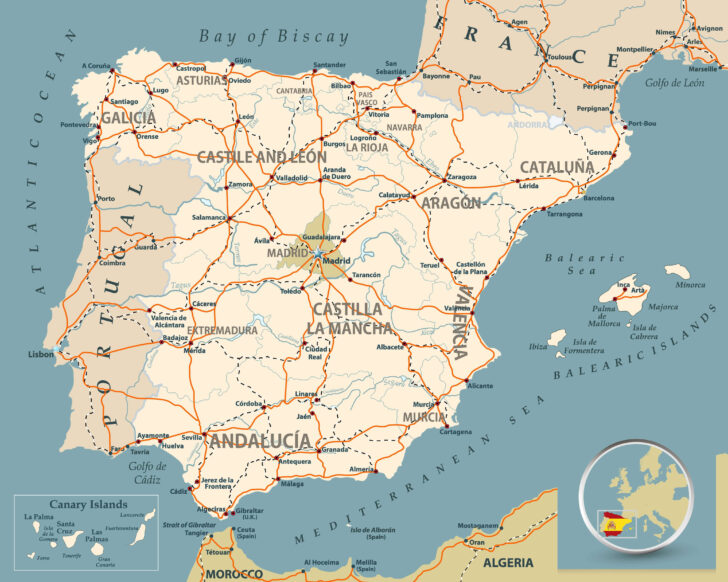 Map of Portugal and Spain with Major Cities