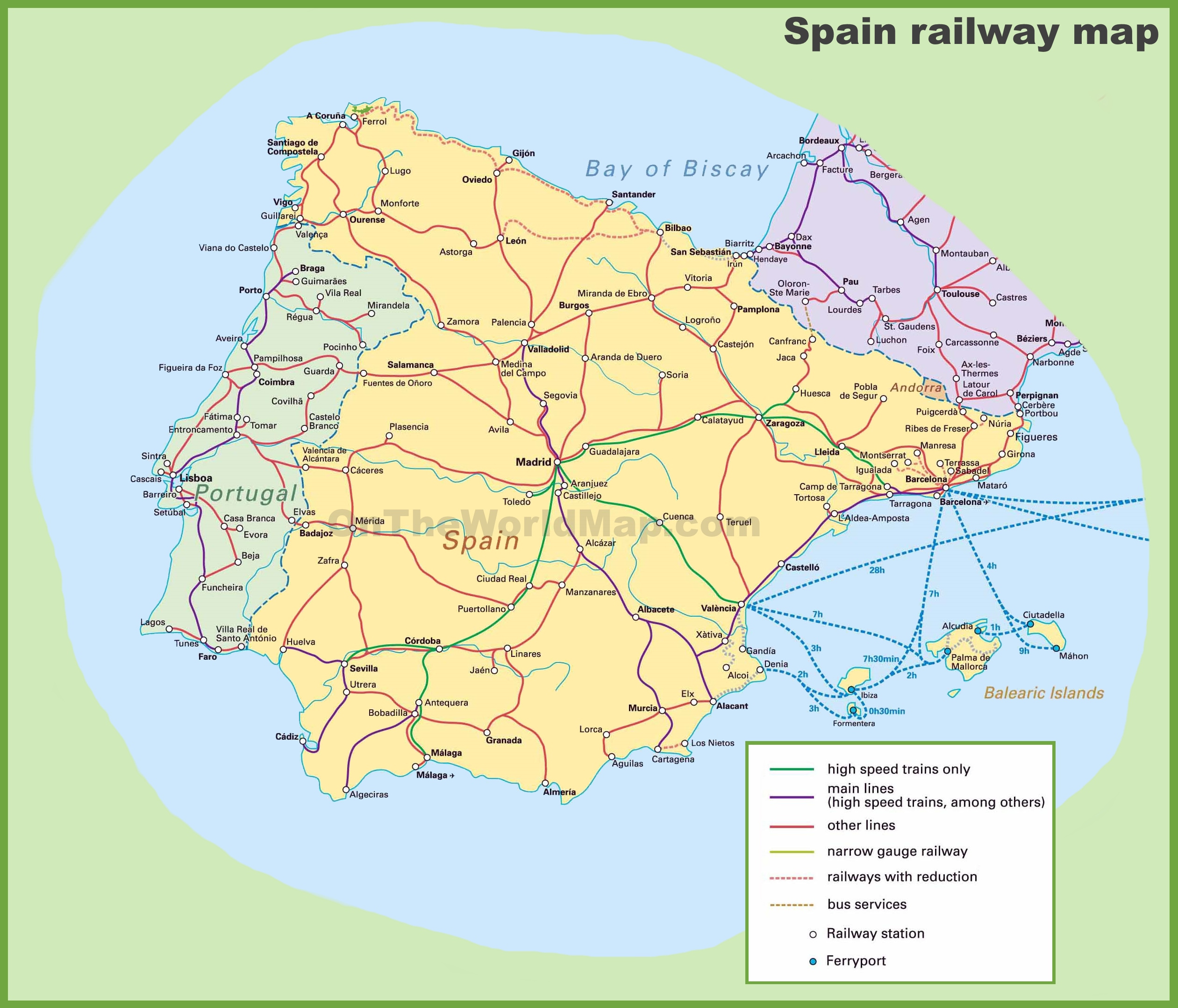 Spain Portugal Railway Map Poster for Train Map of Spain and Portugal