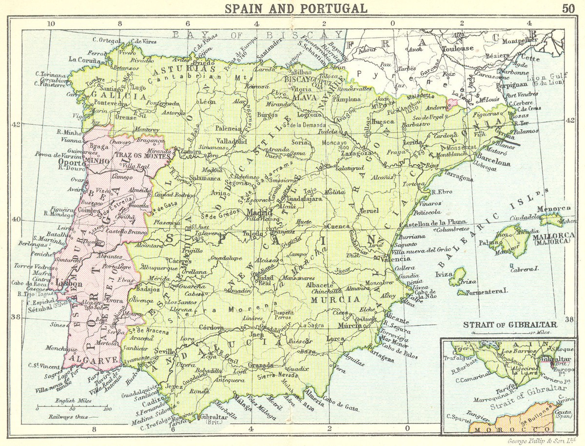 Spain. Spain And Portugal; Inset Map Of Strait Of Gibraltar; Small Map 1912 intended for Map Of Spain Portugal And Gibraltar