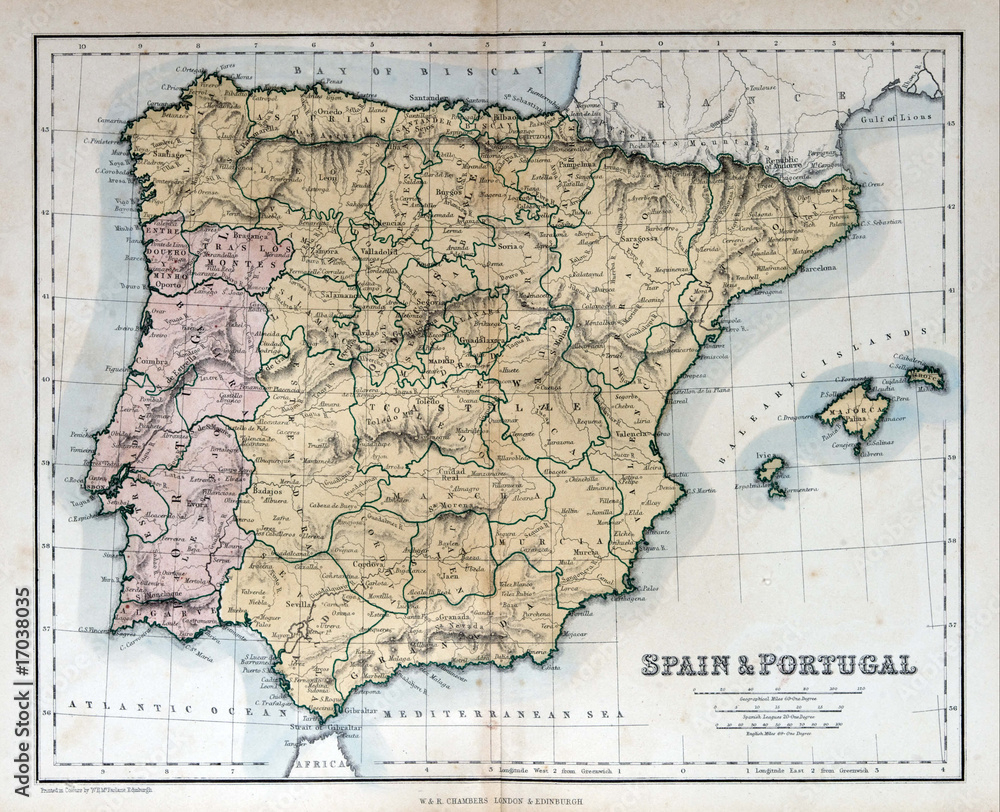 Stock-Foto „Old Map Of Spain &amp;amp; Portugal, 1870“ | Adobe Stock throughout Old Map of Spain and Portugal