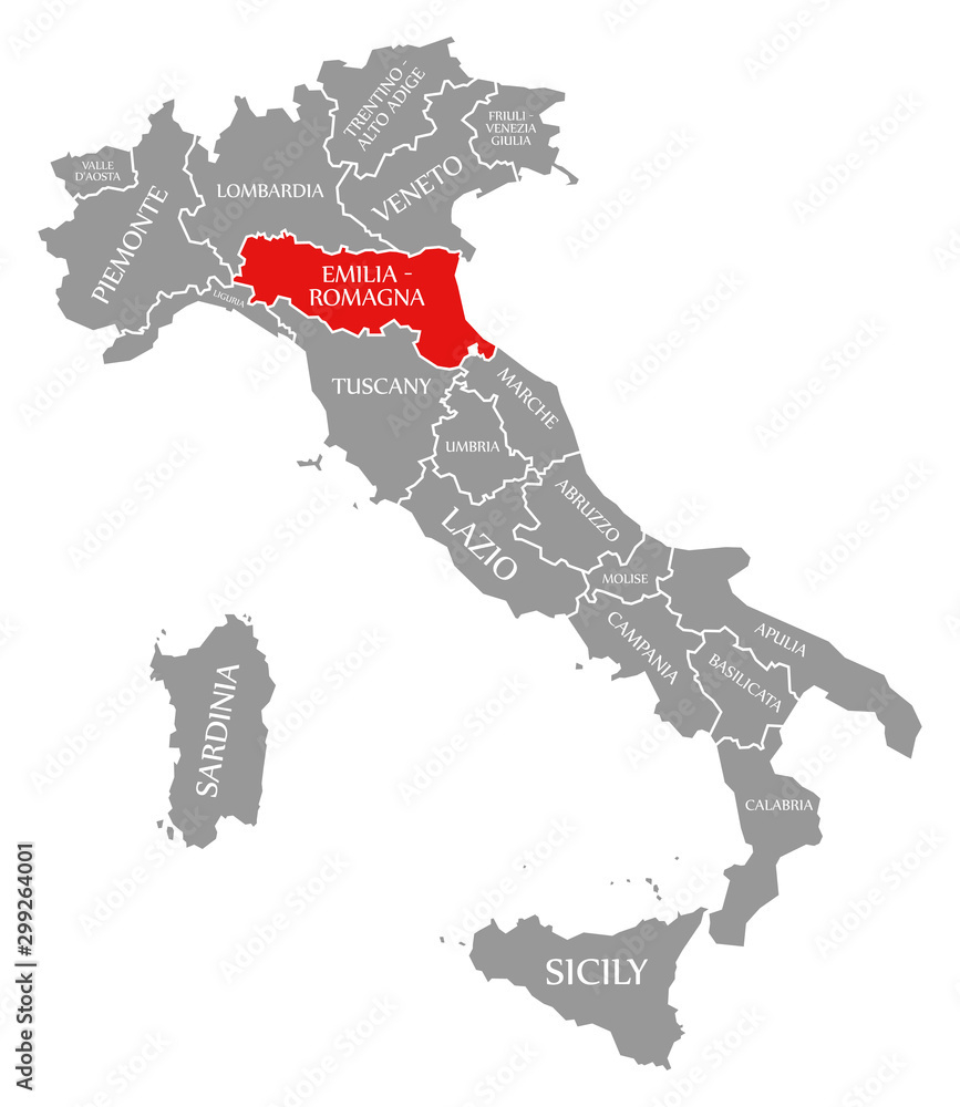 Stock-Illustration „Emilia-Romagna Red Highlighted In Map Of Italy throughout Map of Italy Emilia Romagna