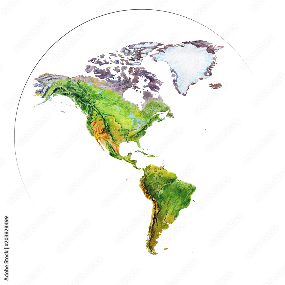 Stock-Illustration „Watercolor Geographical Map Of The World regarding Physical Map Of North America And South America