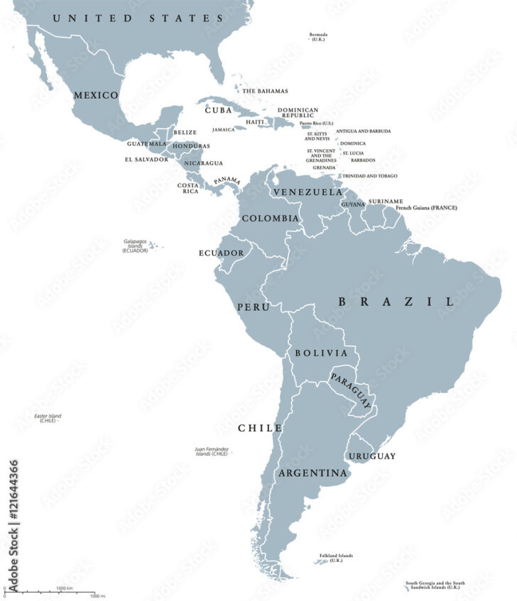 Map of North America and South America Labeled